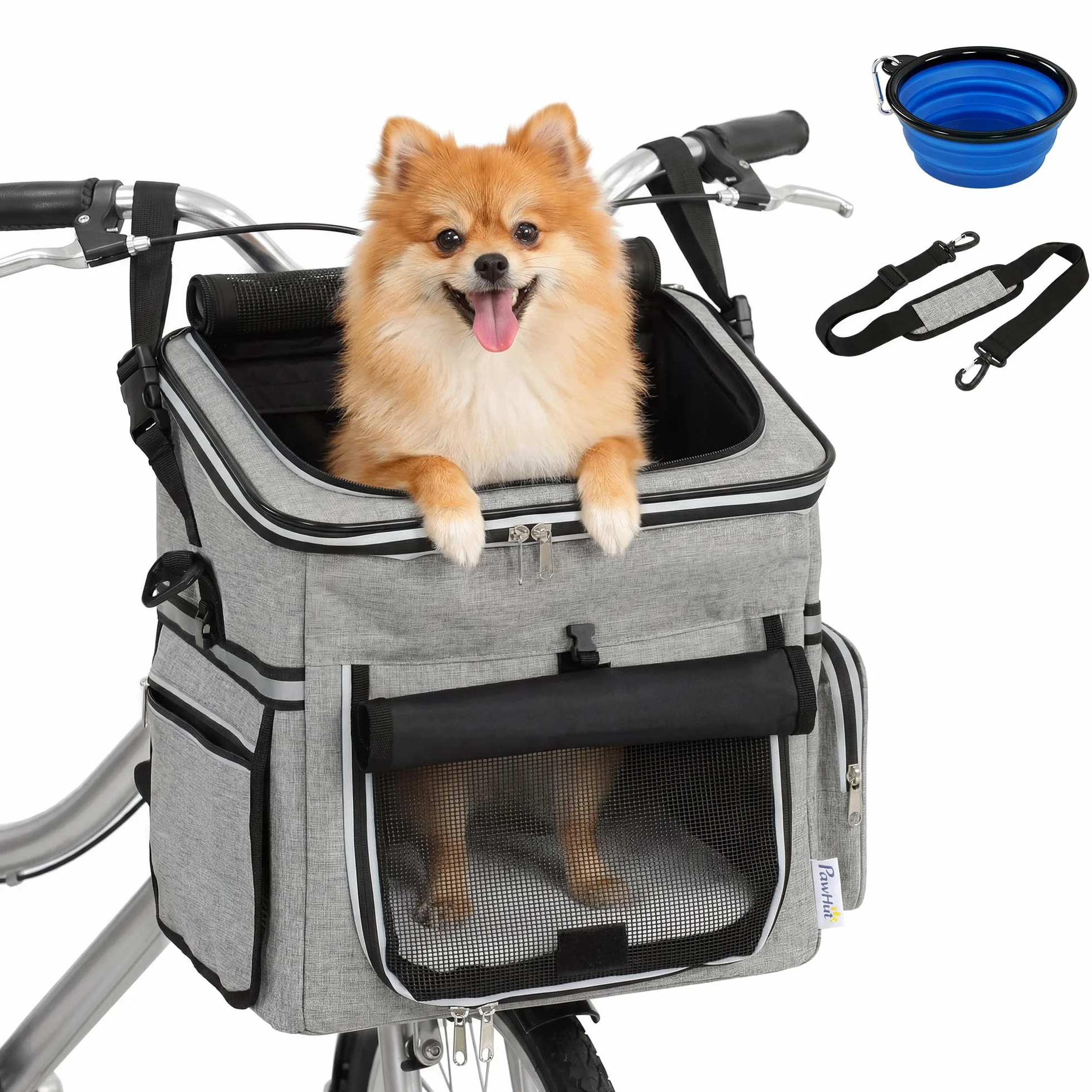 PawHut Cestino anteriore per bicicletta, portatile e traspirante, con guinzaglio di sicurezza, cuscino morbido, porte in rete, ciotola, cestino da manubrio per cani e gatti di piccola taglia fino a 5