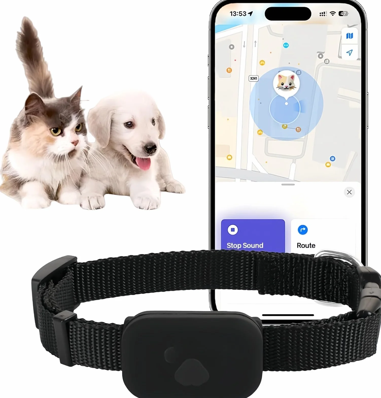 Localizzatore per gatti, collare GPS per gatti di piccola taglia, localizzatore per cani, localizzatore per animali domestici, nessun canone mensile, compatibile con iOS/Android, collare GPS per gatti