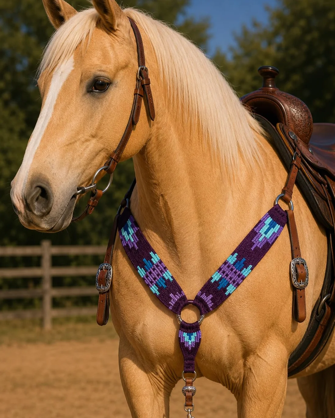Collare da Petto in Mohair per Cavallo Western Cheval's International, Accessorio Equestre in Lana e Pelle, Regolabile, Nero e Viola, Cob