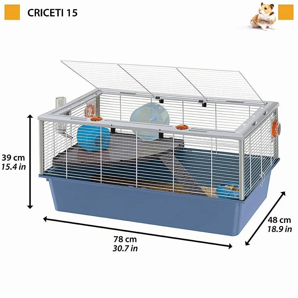FERPLAST Gabbia Roditori CRICETI 15 per Criceti, in Metallo, Accessori inclusi: Mangiatoia, Beverino, Casetta, Ruota, Ripiano, Scaletta. 78x48xh39cm