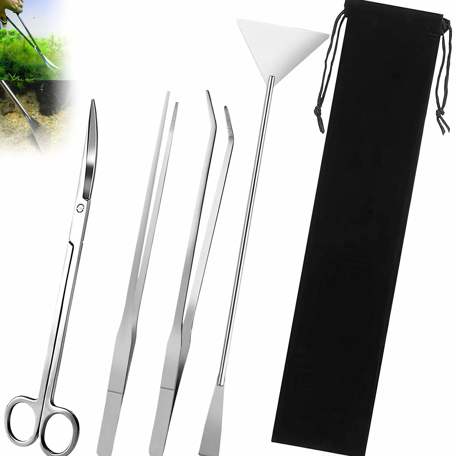4 in 1 Set Attrezzi per Acquario con Borse di Stoccaggio, Accessori per Acquario Acqua Dolce in Acciaio Inox,Kit Pinzette Forbici Spatola Pulizia Acquari per L'acquario Landscaping e Piante Acquatiche