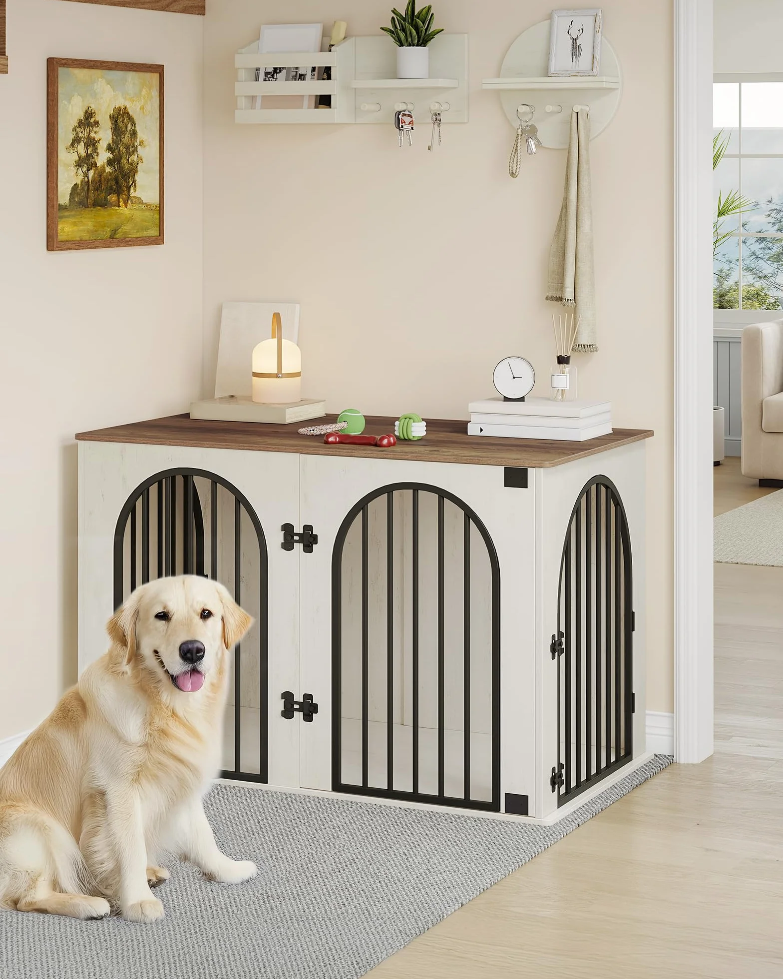 Hzuaneri 108 cm Gabbia per Cani, Tavolo Supplemento, Cuccia Moderna per Cani Interno, Kennel Cane Medio, Casetta per Animali, 3 porte, Porta ad arco, 64 x 108 x 76 cm, Bianco e Marrone DFC86014B