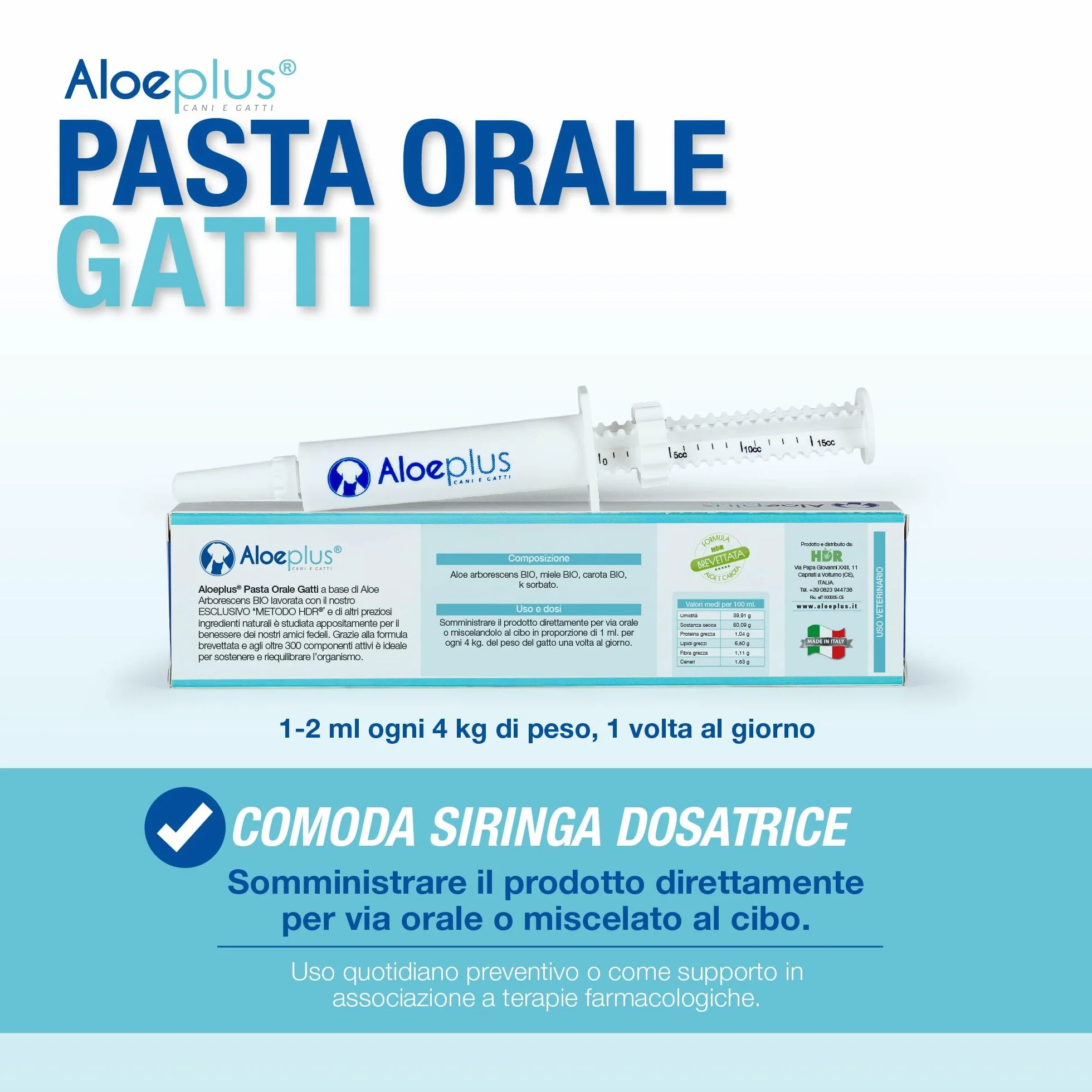 ALOEPLUS Gatti Pasta Orale - Alimento Complementare Energetico, Disintossicante con Aloe Arborescens BIO, Rafforza le Naturali Difese di Gatti Anziani e Cuccioli, Contro Alitosi (1 pz) (15 ml)