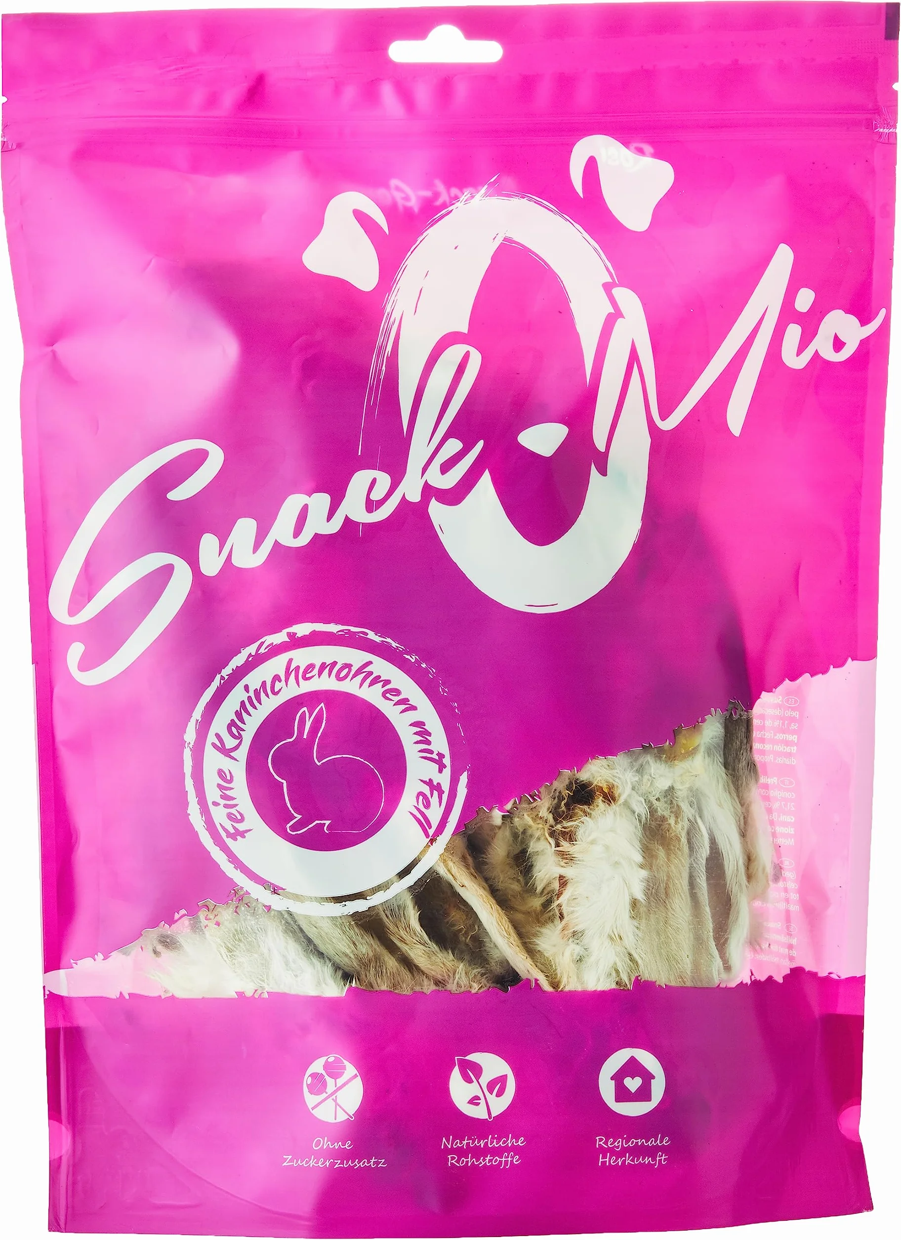 SnackOMio, Snack di qualità Superiore per Cani, saporite Orecchie di Coniglio con Pelliccia, Senza Cereali, 1 Confezione da 450 g