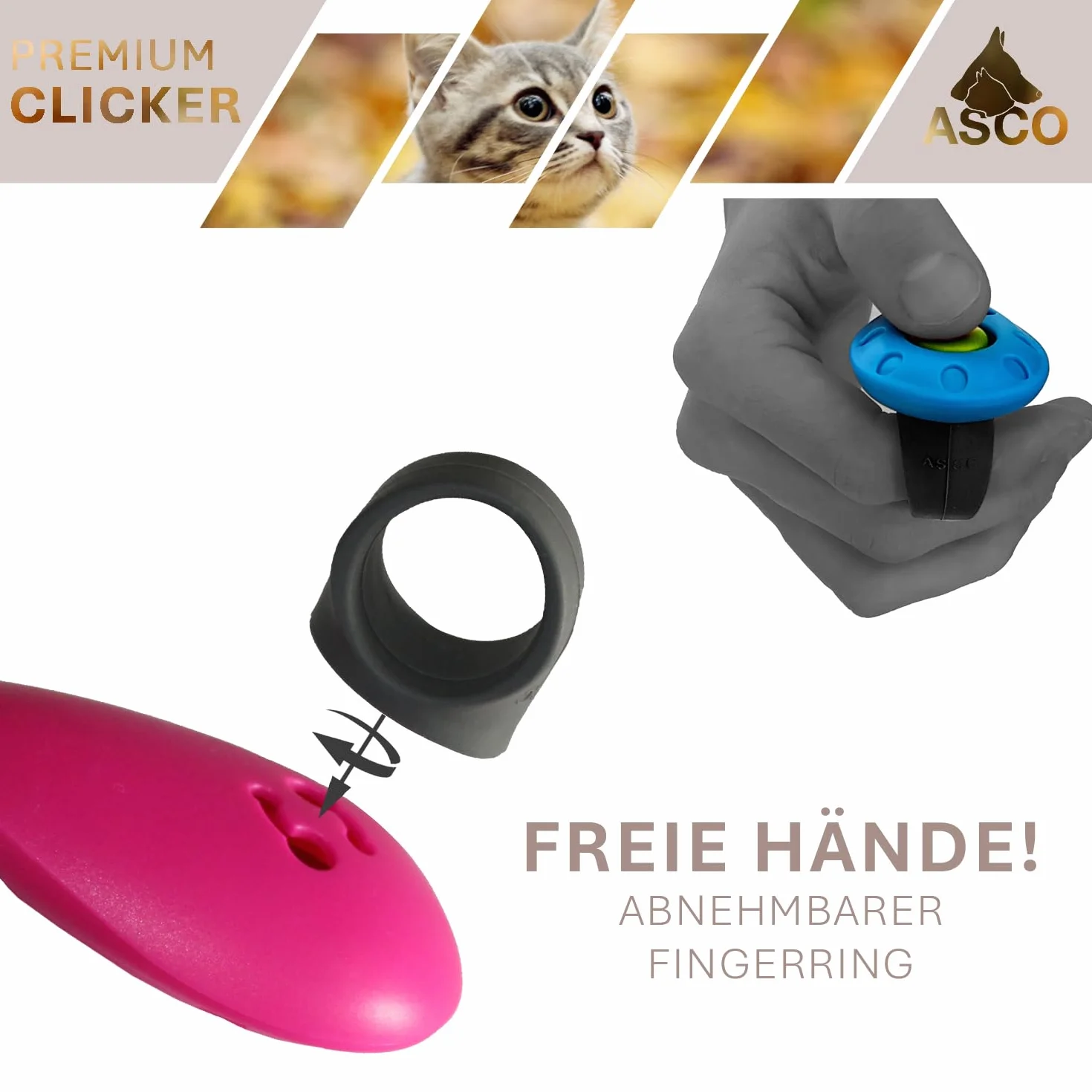 ASCO Clicker da Dito Premium con Cinturino da Polso Elasticizzato per clicker Training, clicker Professionale per Cani, Gatti e Cavalli, clicker per addestramento Cani, Nero AC01FA