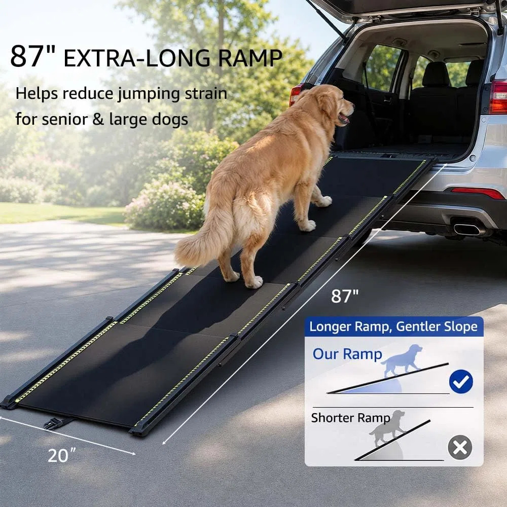 unipaws Rampa telescopica extra lunga per cani, 220 cm, per auto, SUV e camion, larga 51 cm, portatile, con superficie antiscivolo, strisce riflettenti e pendenza delicata, per cani fino a 68 kg