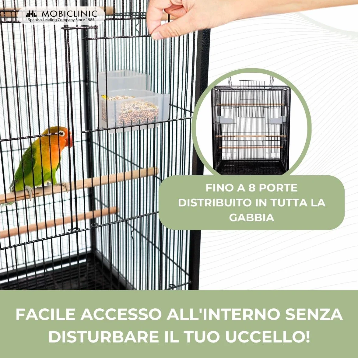 Mobiclinic®, Gabbia per Uccelli, XL, Ruote il Trasporto, Freni, Apertura superiore, Vassoio Rimovibile, 8 Porte, Grandi dimensioni, 95x43x61,5 cm, Mangiatoie, Abbeveratoi, Posatoi, Ninfa