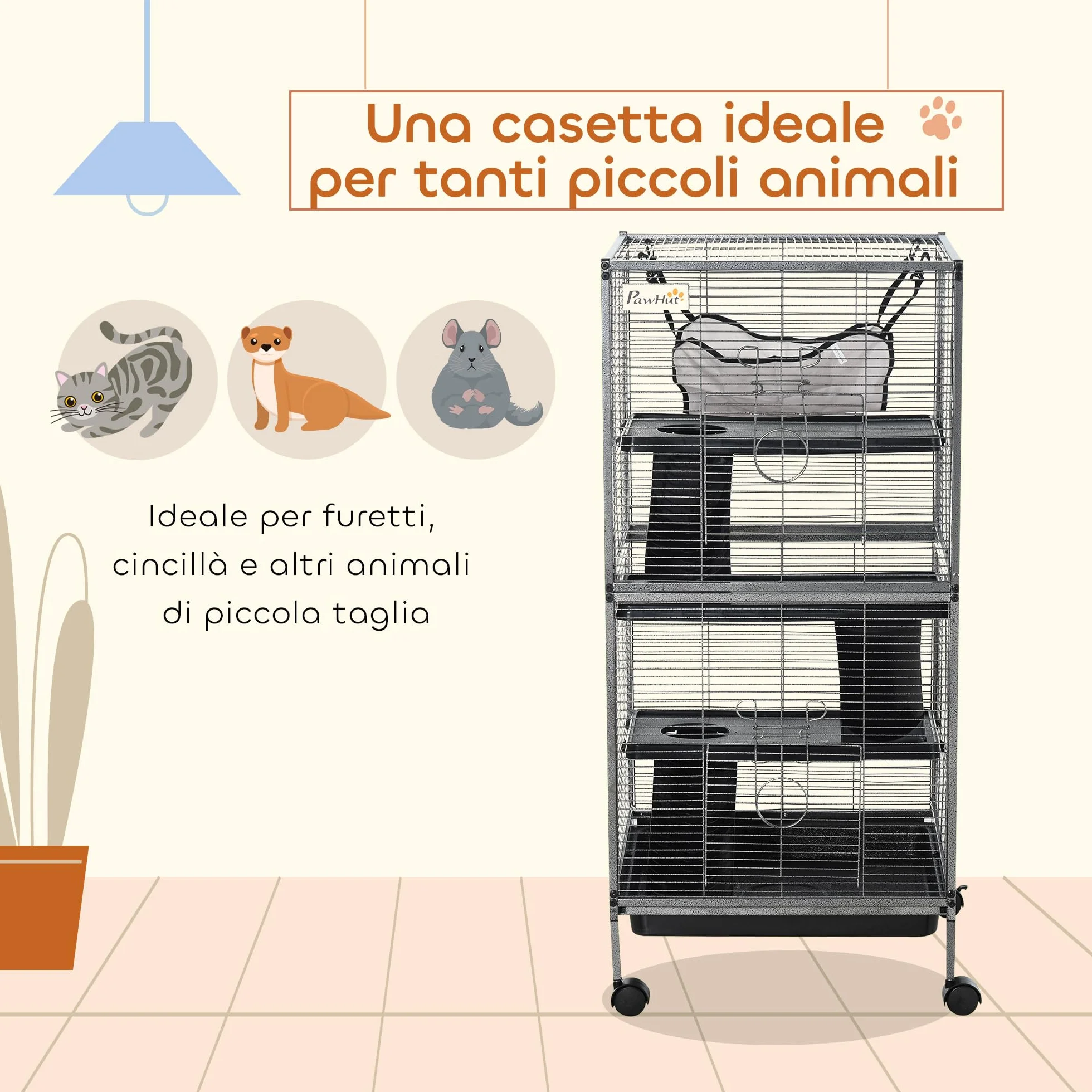 PawHut Gabbia per Piccoli Roditori in Acciaio, Gabbietta per Porcellini d'India e Cincillà con 3 Piani, 4 Ruote, Amaca e Vassoio Rimovibile, 52 x 52 x 113.5cm, Grigio Argento