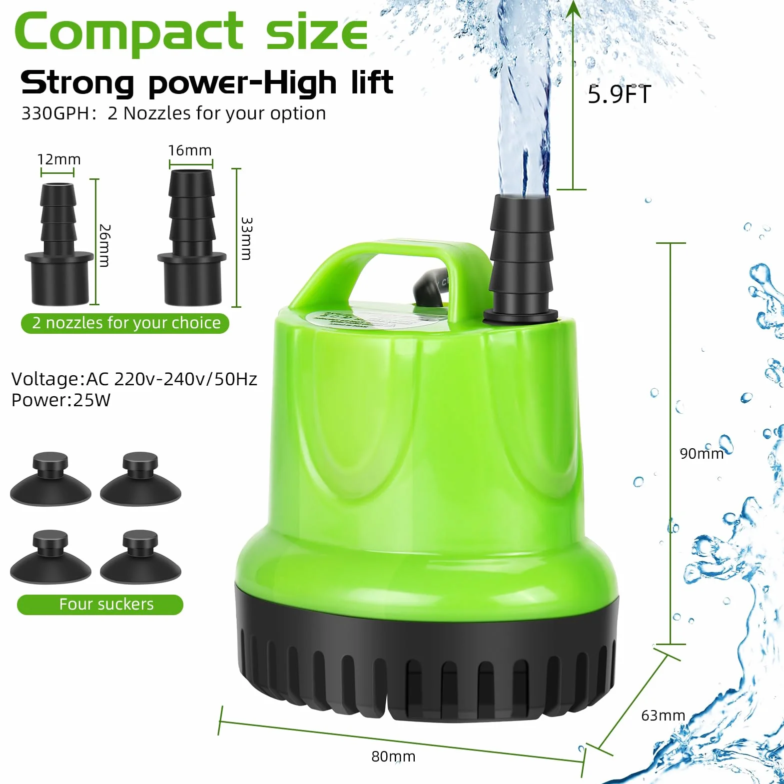 Pompa sommergibile da 25 W, 1200 l/h, ad alto flusso, protezione dalla combustione a secco con design estremamente silenzioso per fontane, acquari, idroponiche, stagni, acquari