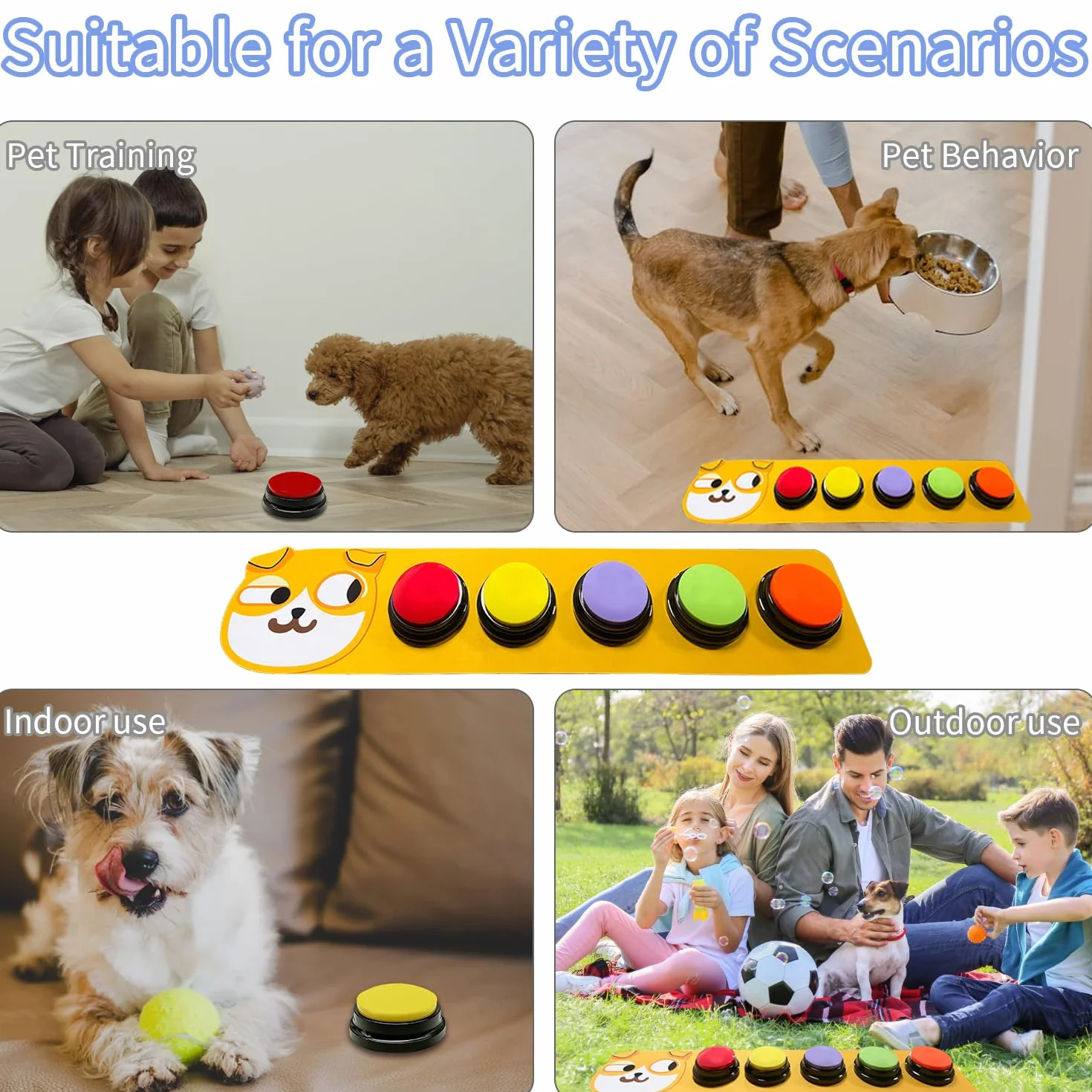 Set 5 Pulsanti per la Comunicazione con i Cani, Pulsanti Registrabili 30 Secondi con 50 Adesivi per Scenari e Tappetino Antiscivolo per Addestramento Domestico, Dispositivo per Addestramento