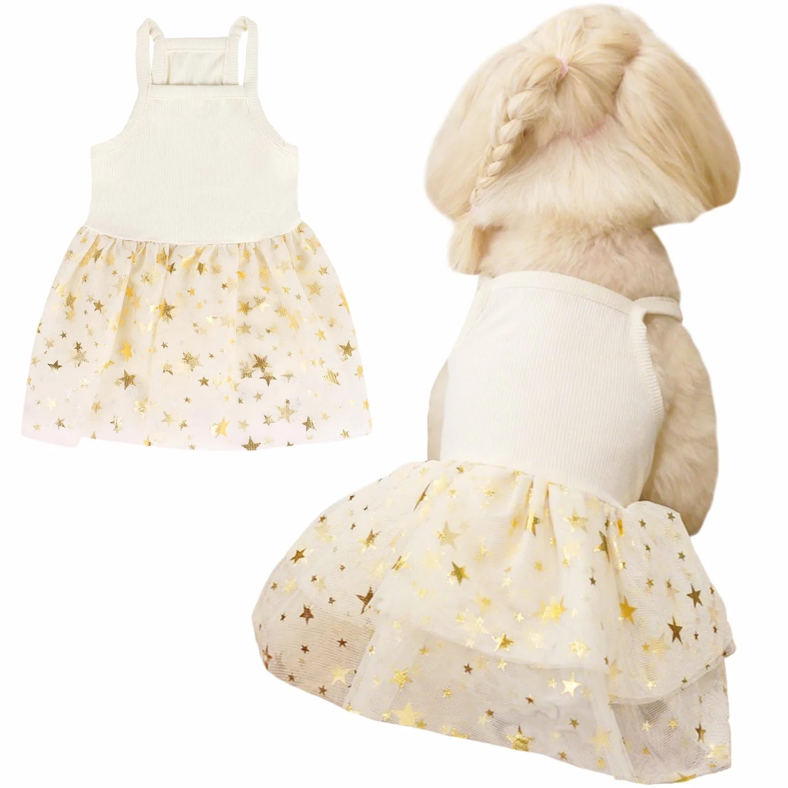 Vestito a tutù per cani con gonna in tulle e pizzo, glitter a stella, Giallo M
