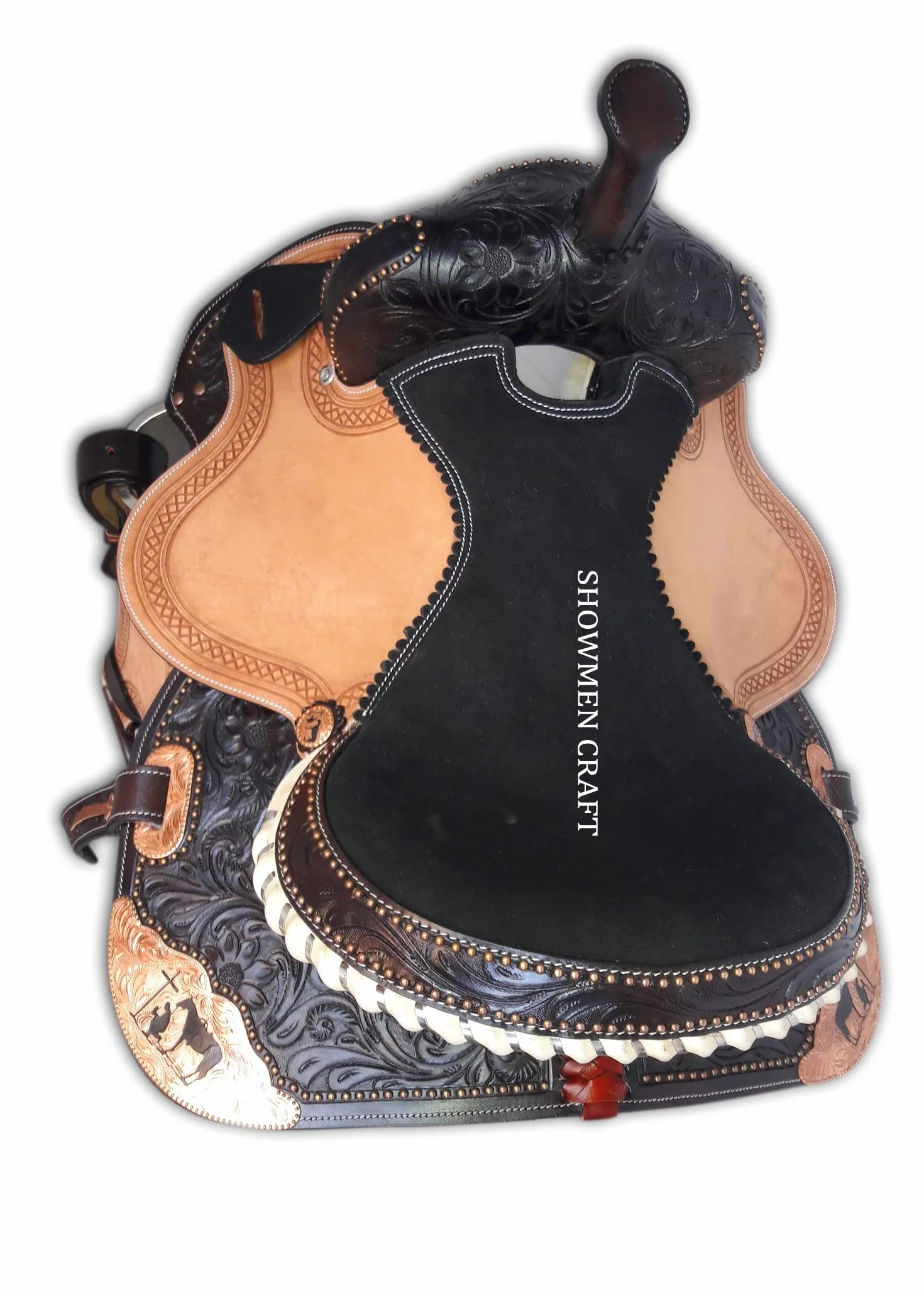 Western Saddle Barrel Racing Sella con accenti in rame da cowboy in preghiera con testiera e pettorale