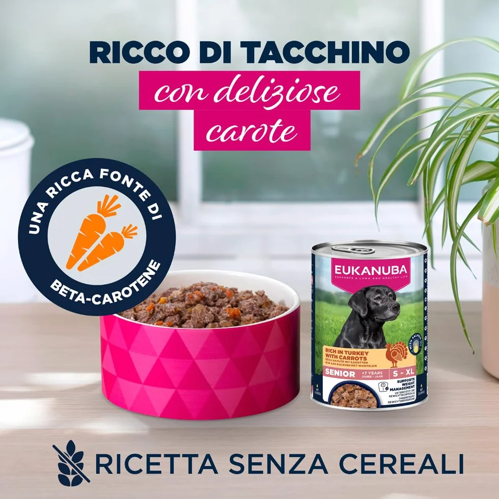 EUKANUBA Cibo umido per cani senior con tacchino e carote, cibo umido premium senza cereali per cani anziani, 6 x 400 g lattine