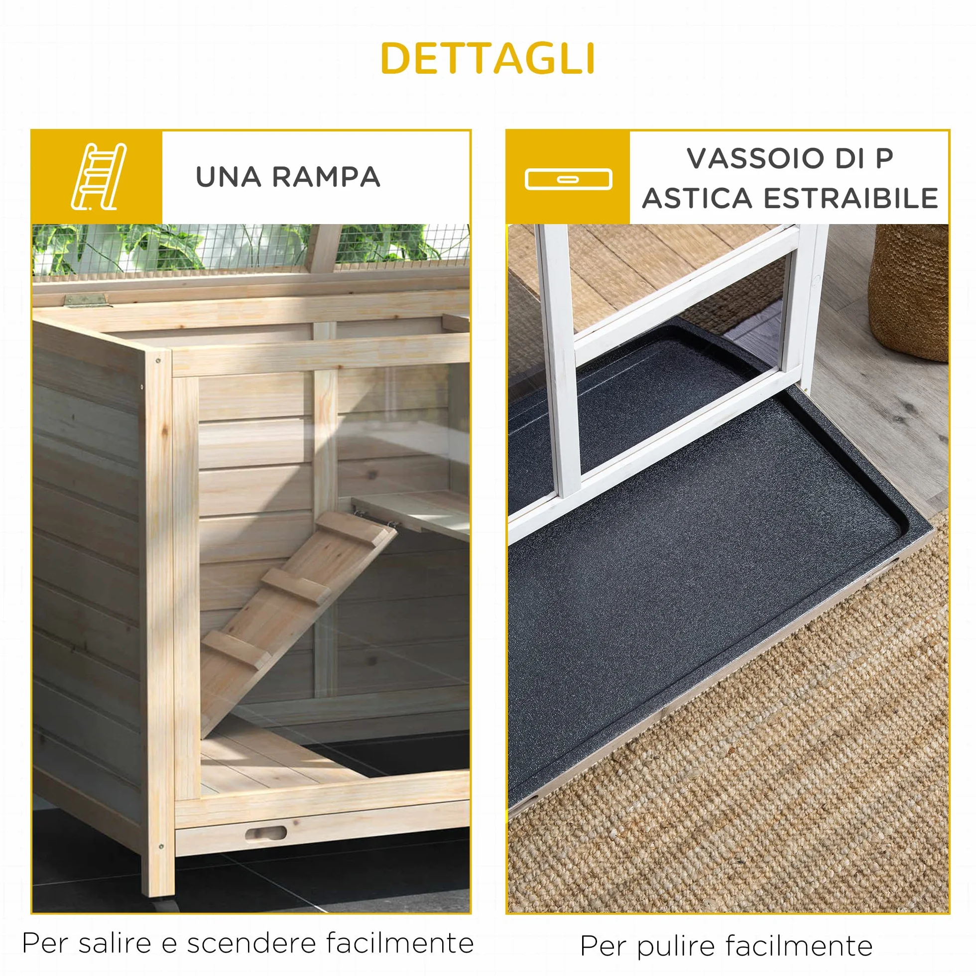 PawHut Conigliera in Legno a 2 Livelli con Casetta per Conigli e Porcellini d'India, Gabbia per Conigli con Rampa e Vassoio Estraibile, 91.5x53.3x73cm, Color Legno