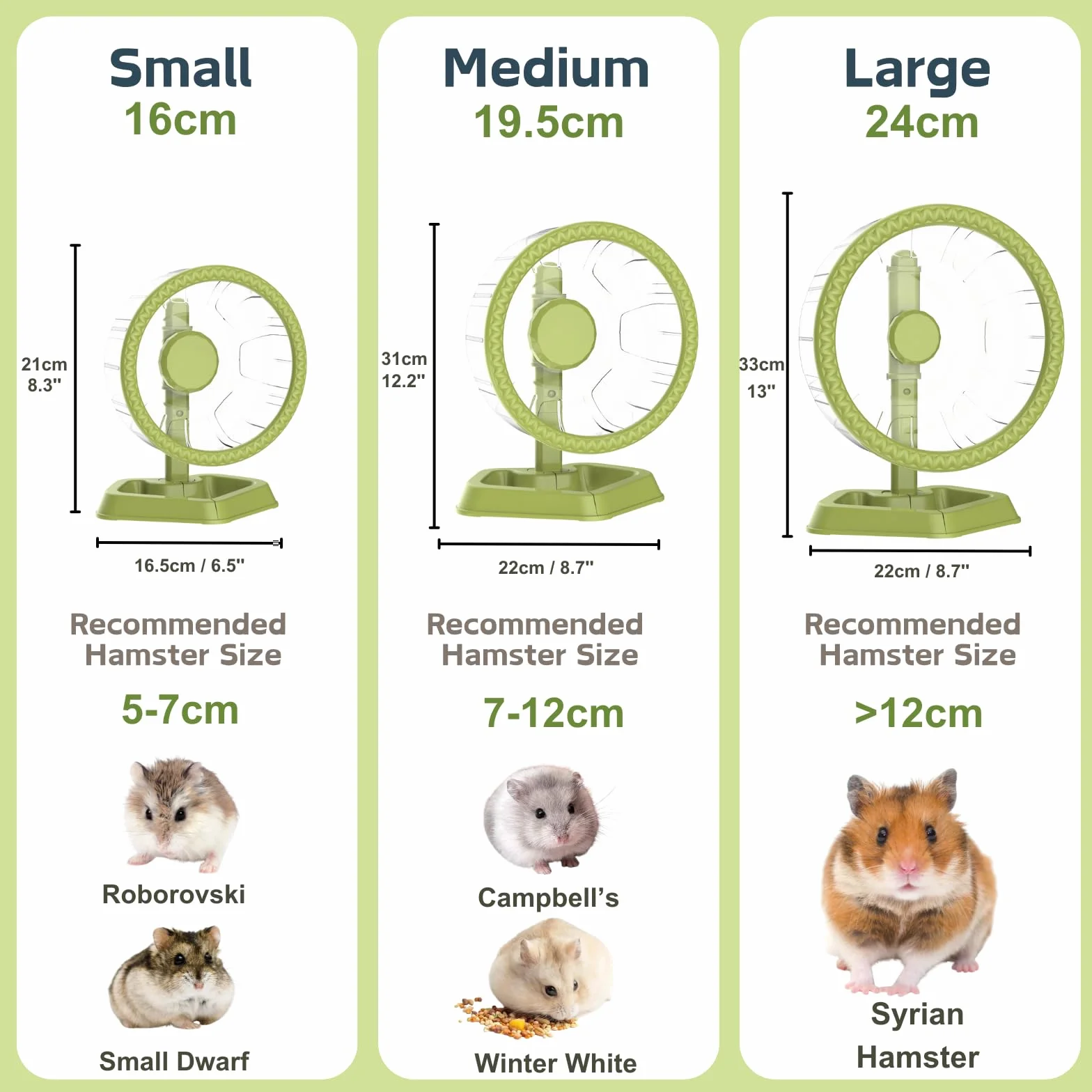 Ruotina per Hamster, Ruota per Esercizio e Corsa Silenziosa con Rotazione Fluida e Supporto Regolabile, Adatta per Piccoli Animali Criceti Nani Siriani Riccioli Mice (Verde, Piccolo (16cm))