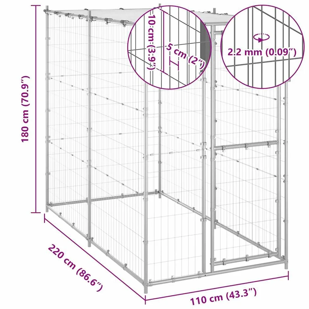 vidaXL Gabbia per Cani da Esterno in Acciaio con Tetto 110x220x180 cm
