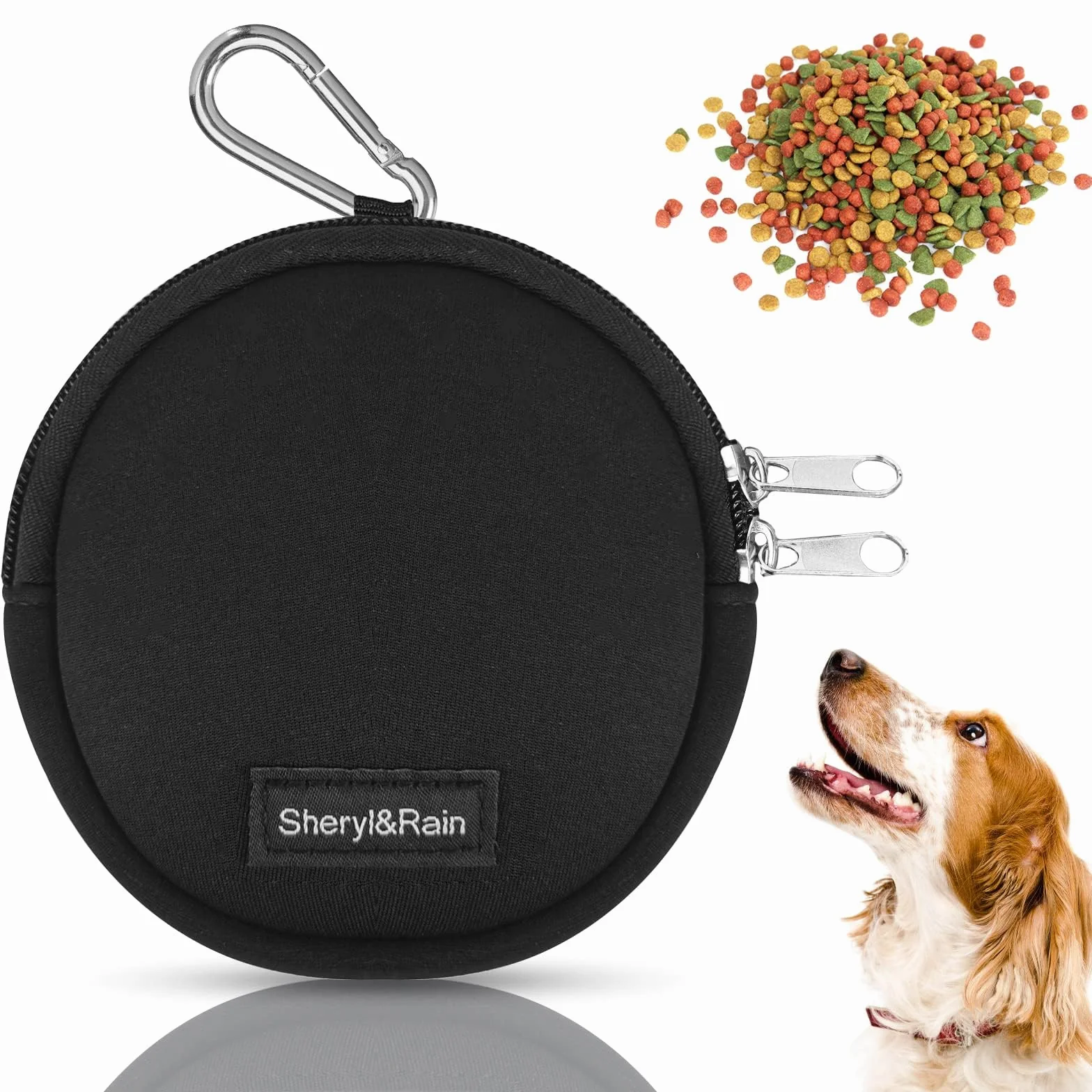 Sheryl&Rain Porta Crocchette per Cani Addestramento con Zip,Porta Premietti per Cani Piccoli,Mini Borsa Addestramento Cane,Sacchetto Addestramento Cane Nero con Moschettone per Viaggio O Uso Esterno