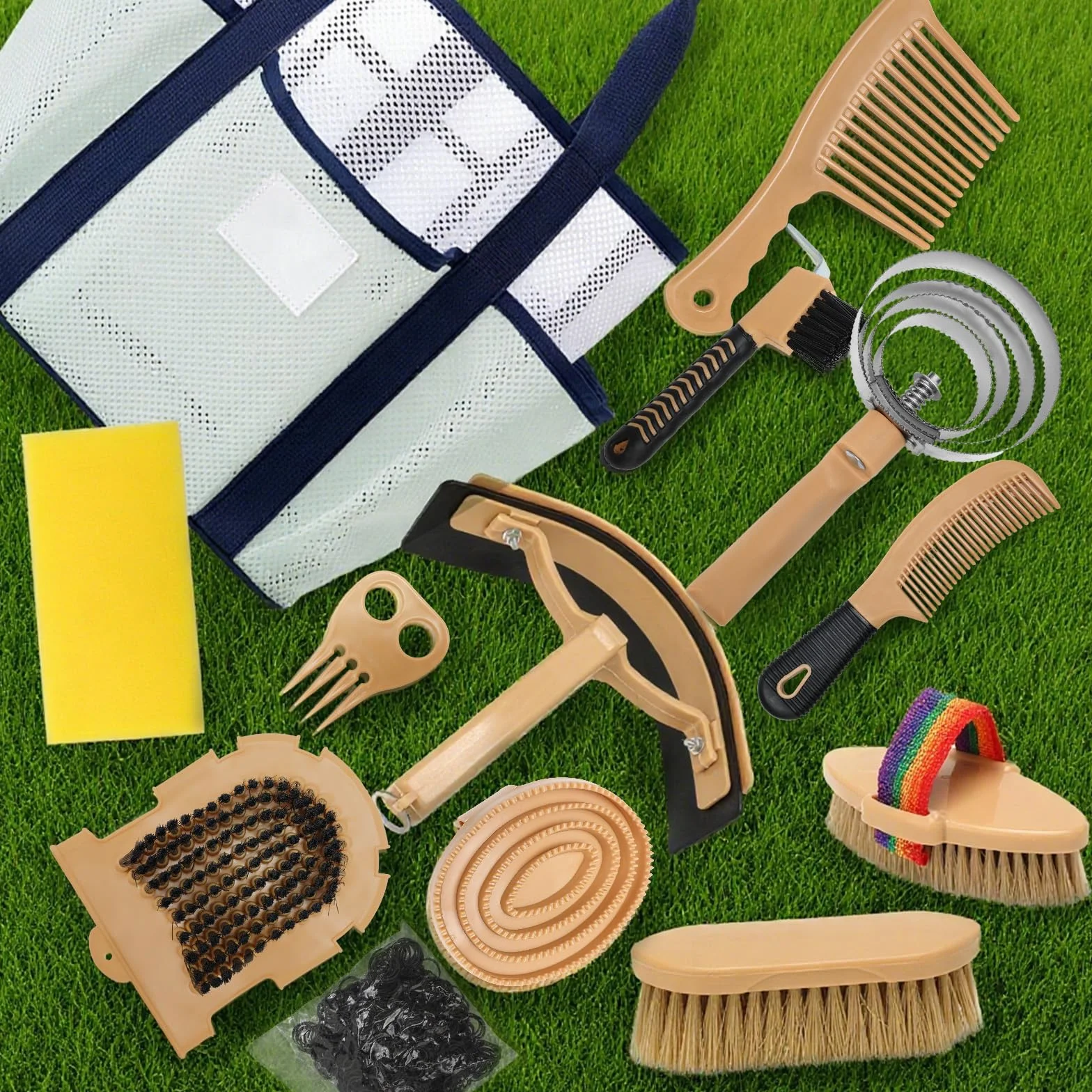 Kit per la toelettatura del cavallo da 13 pezzi con 12 accessori e 1 borsa portaoggetti, Serie Horse Care, Giallo, Spazzole per cavalli, Spazzole in setola, Toelettatura del cavallo