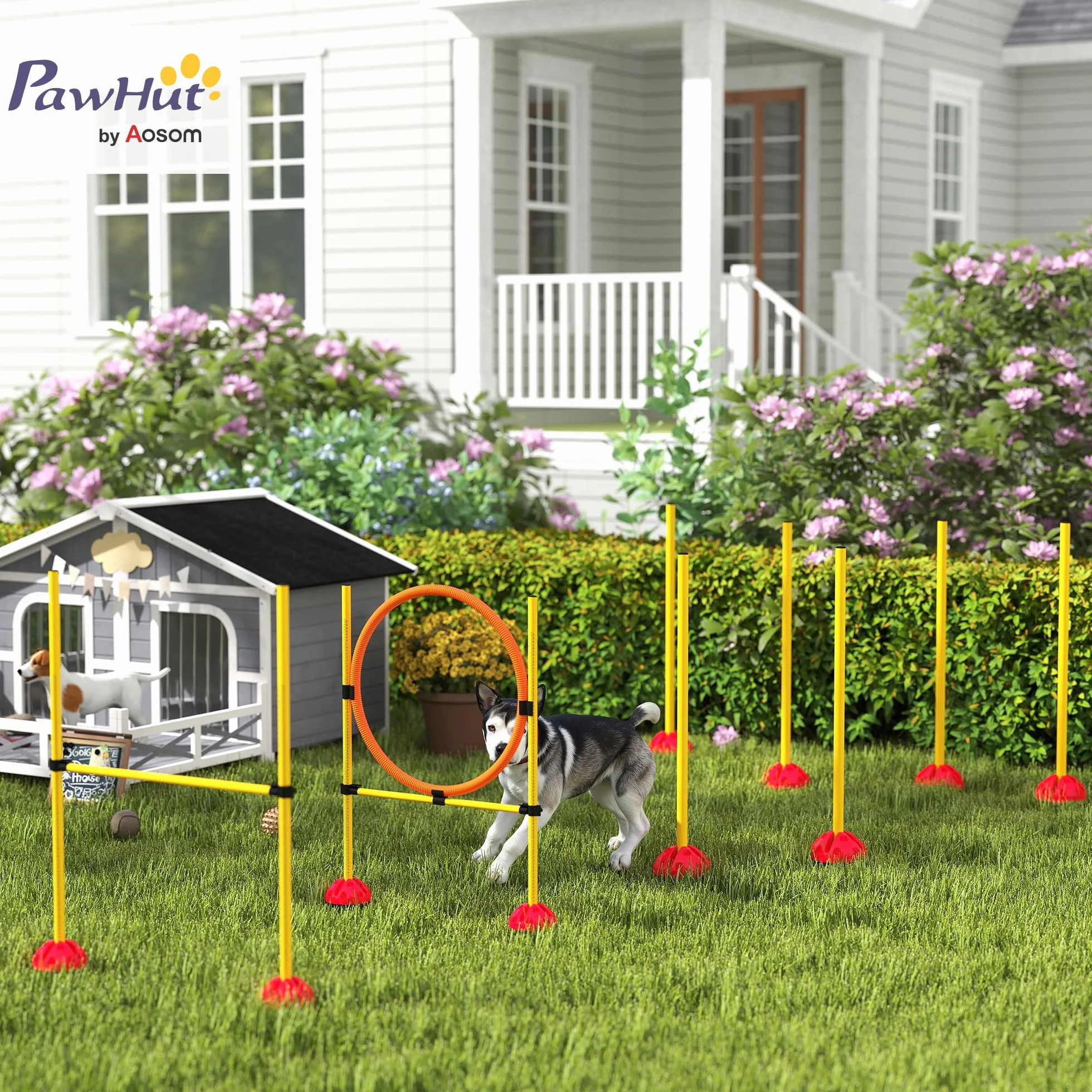 PawHut Set Agility Cani 4 pezzi riempibili per l'addestramento dei cani Set di ostacoli con pali per slalom, ostacoli regolabili in altezza, anello per il salto e la coordinazione per l'addestramento