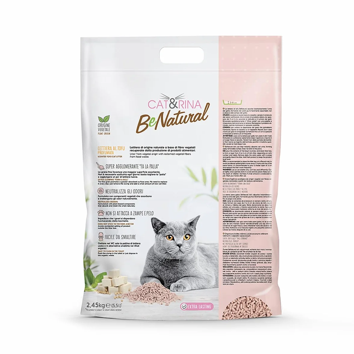 Cat&Rina BeNatural, lettiera per gatti al tofu agglomerante di origine vegetale. Fino a 30 giorni di utilizzo. Si smaltisce nell'organico o nel wc. alla Pesca.
