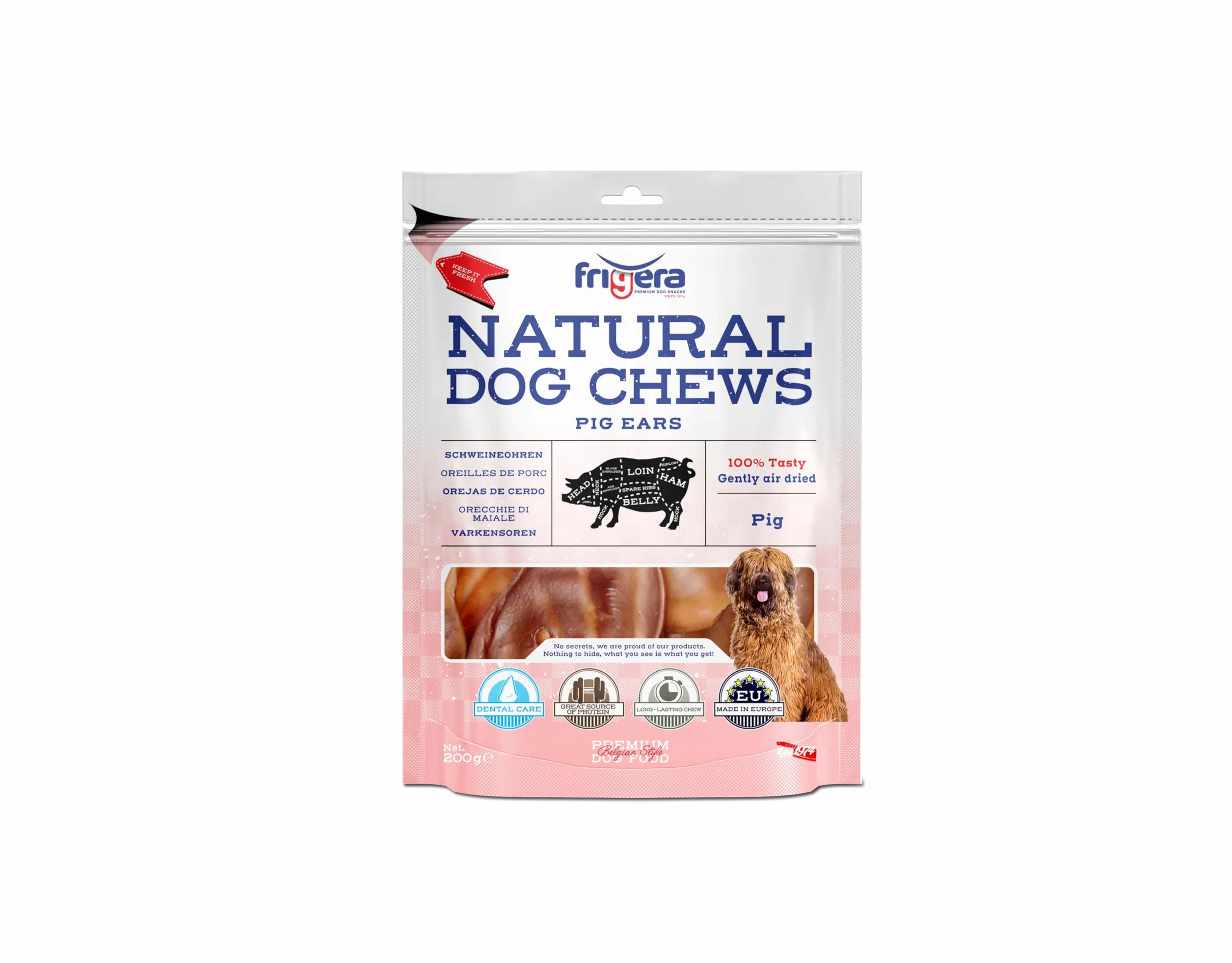 Frigera Orecchie di maiale 200 g – Deliziosi naturali ricchi di proteine per cani, senza glutine e cereali, a lunga durata.