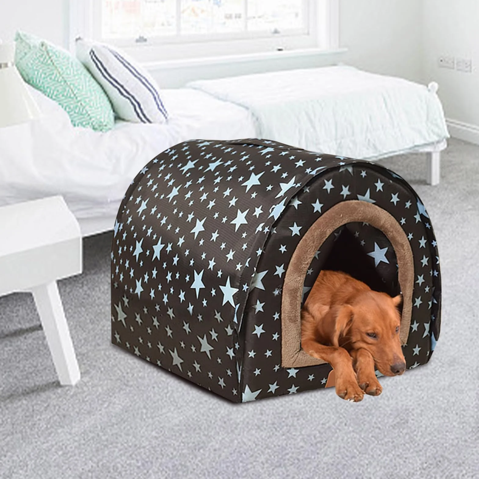 Casa invernale per cani - esterno isolato per il freddo, cabina da compagnia in plastica resistente | Con comoda porta in tessuto flessibile casa dei cuccioli, canile completamente impermeabile