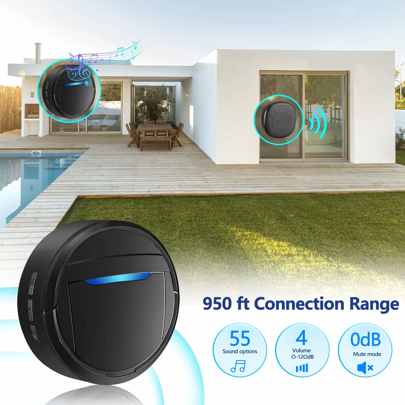 Campanello Wireless per Cani, Campanello ad Anello per Uscire, Pulsanti Impermeabili IP55, 55 Melodie, 4 Livelli di Volume e Portata di 289,6 m (Nero, 1 Ricevitore 1 trasmettitore)
