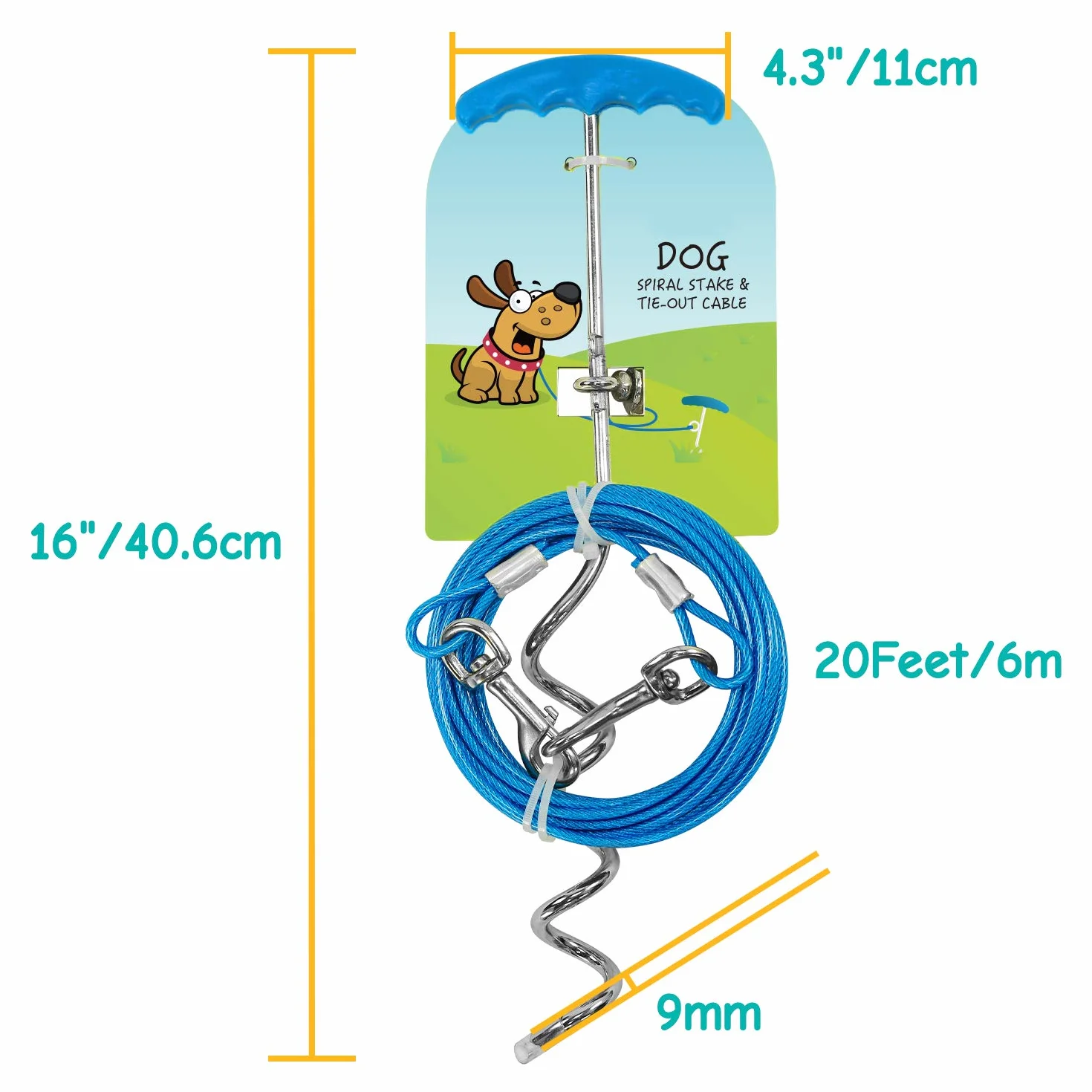 Petphabt - Cavo resistente per cani da 6 m, con spirale per cani da 16 cm, con picchetto a terra per cuccioli e animali domestici, guinzaglio per esterni (verde acqua)