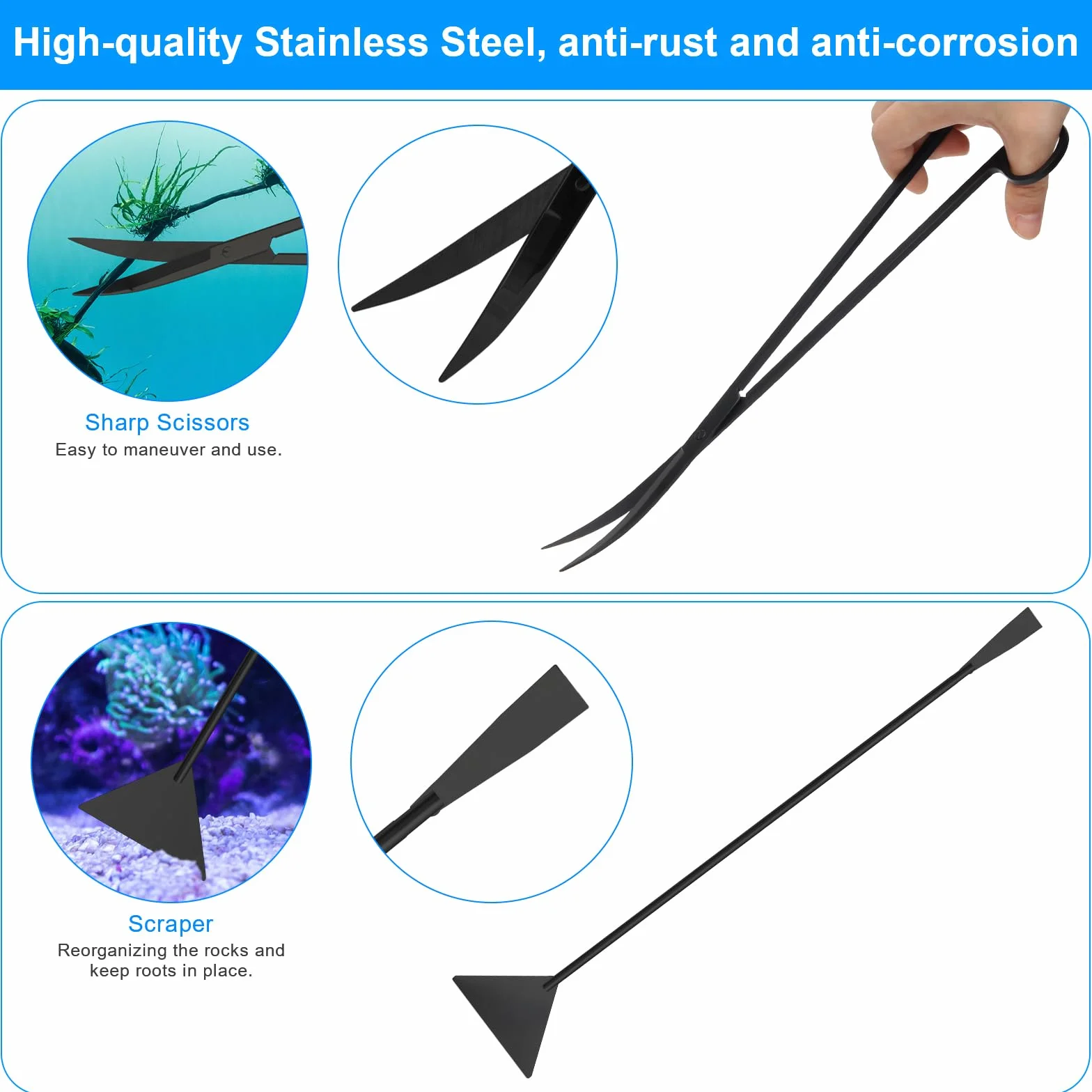 Zhaoyao Kit extra lungo 6 in 1 per acquascaping, strumenti in acciaio inox per piante acquatiche, pinzette, forbici, spatola, pulizia acquario, set di strumenti