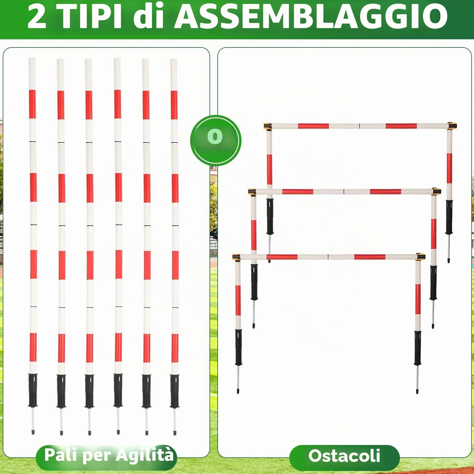 Set di Pali per Allenamento di Agilità Multifunzionale per Calcio Include 6 Pali per Agilità da Calcio, 3 Bastoni Orizzontali Regolabili, 6 Fibbie e 1 Borsa da Trasporto.