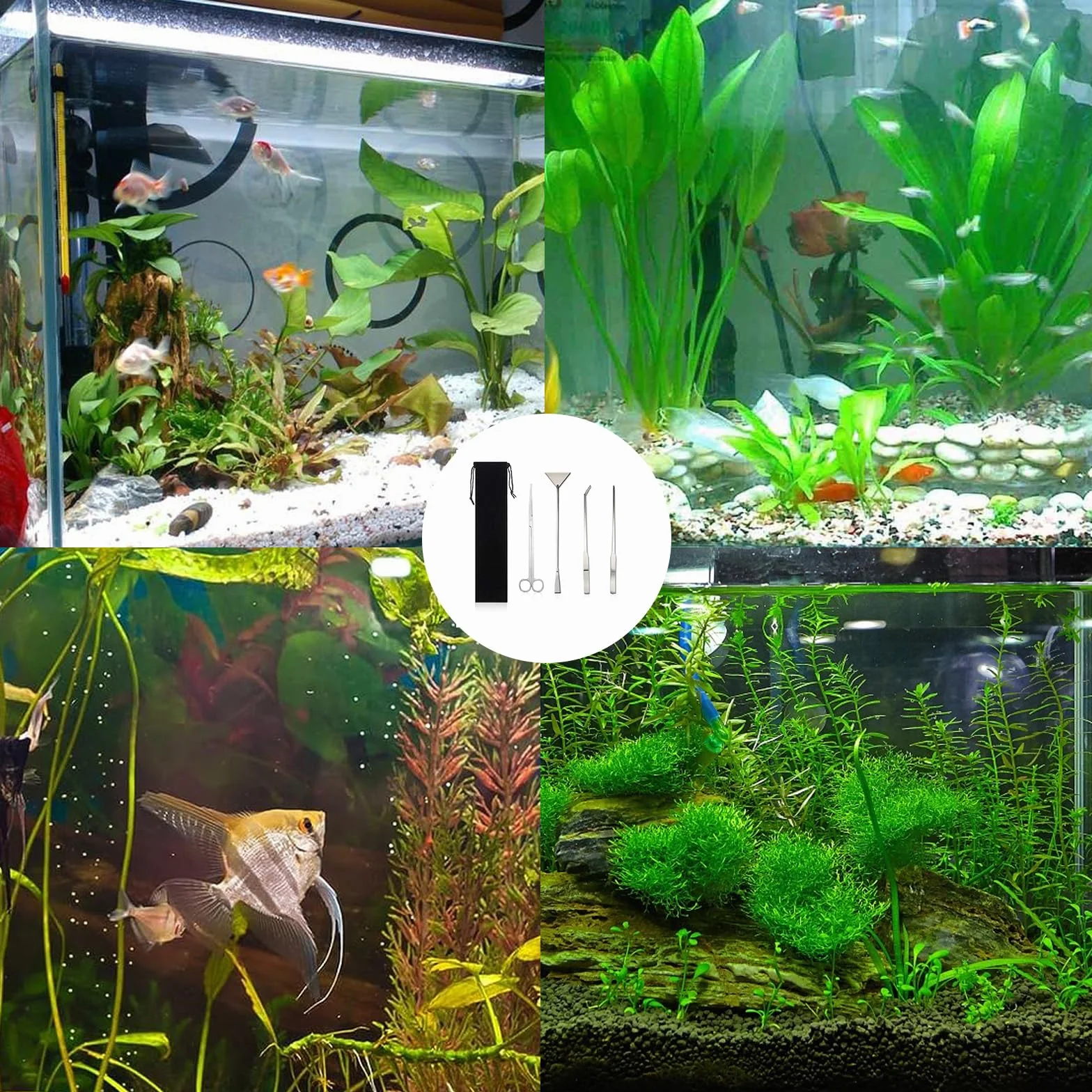4 in 1 Attrezzi per Acquario Kit, Acciaio Inox Pulizia Acquario Kit Includere Raschietto, Pinzette e Forbici, Accessori per La Pulizia di Acquari per la Pulizia di Pesci e Piante Acquatiche