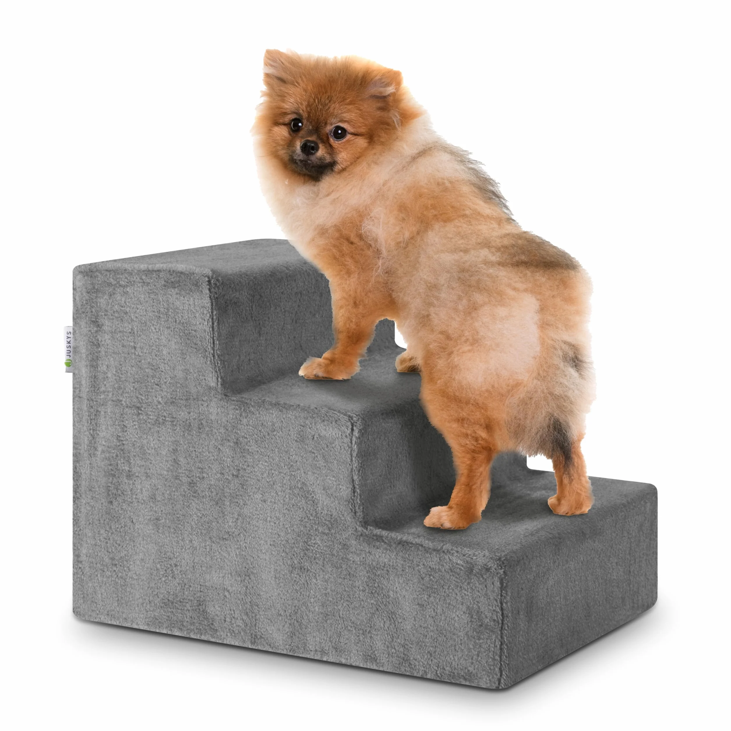 Scaletta per animali Juskys, 36 cm, a 3 gradini con peluche lavabile, per cani e gatti, ideale per letto, divano, sofà e auto - Rivestimento grigio