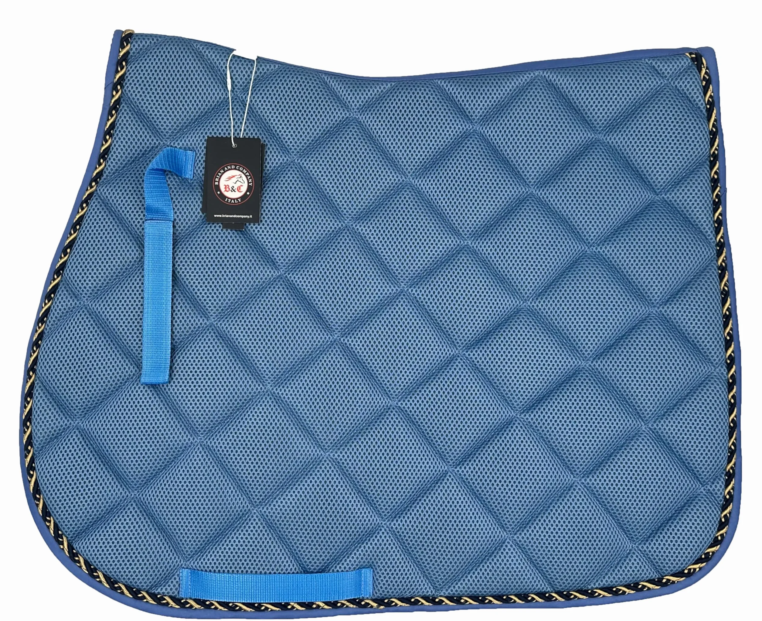 Sottosella Equitazione Traspirante, Lacci di Posizionamento con Chiusura a Strappo, Bordatura Elegante in Cordina Inglese, Completo di Cuffia Coordinata (AZZURRO, FULL)