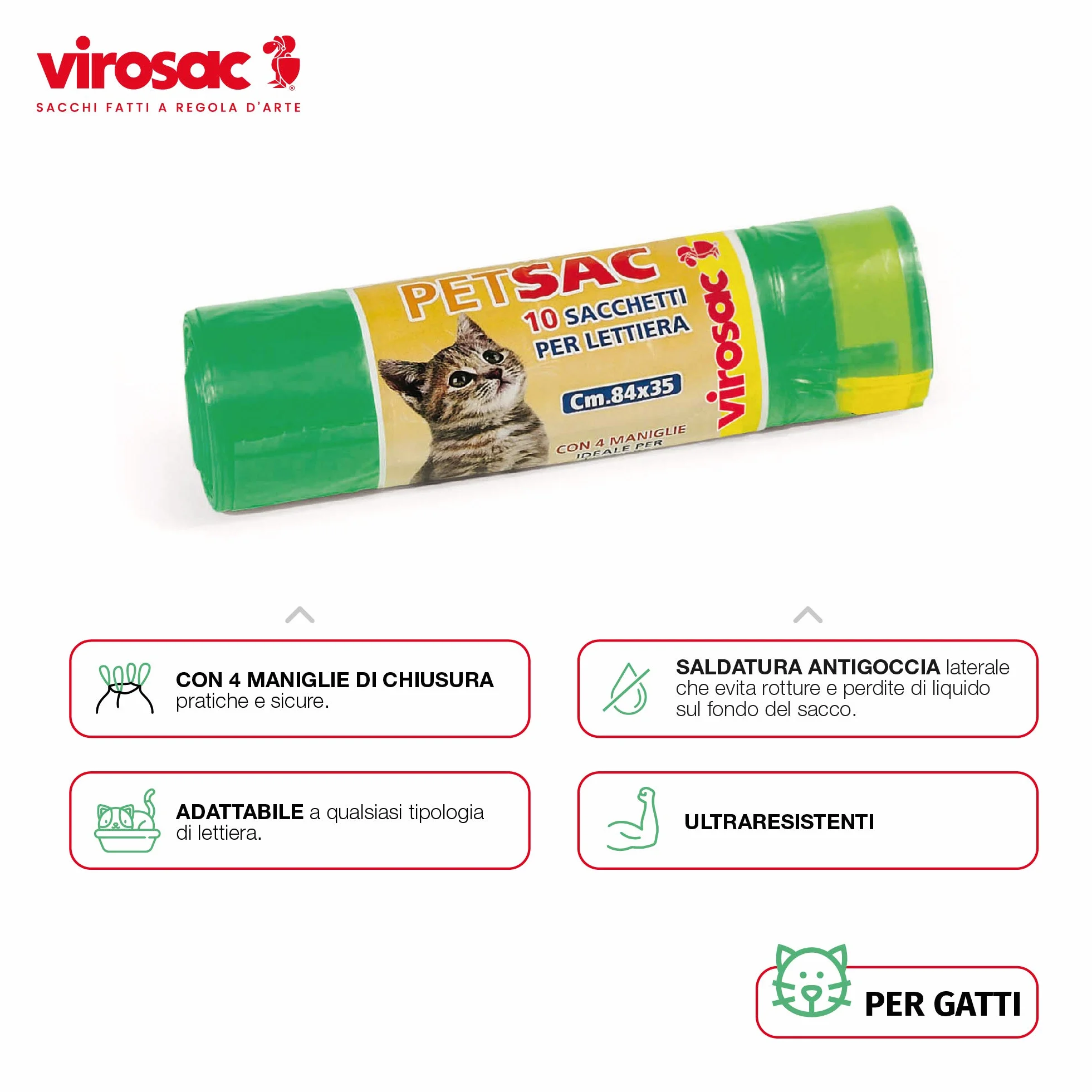 Virosac - Petsac - Sacchi 84x35 resistenti e antigoccia, ideali per lettiere dei gatti, dotati di 4 Pratiche Maniglie Estraibili, 10 sacchetti per rotolo, verde
