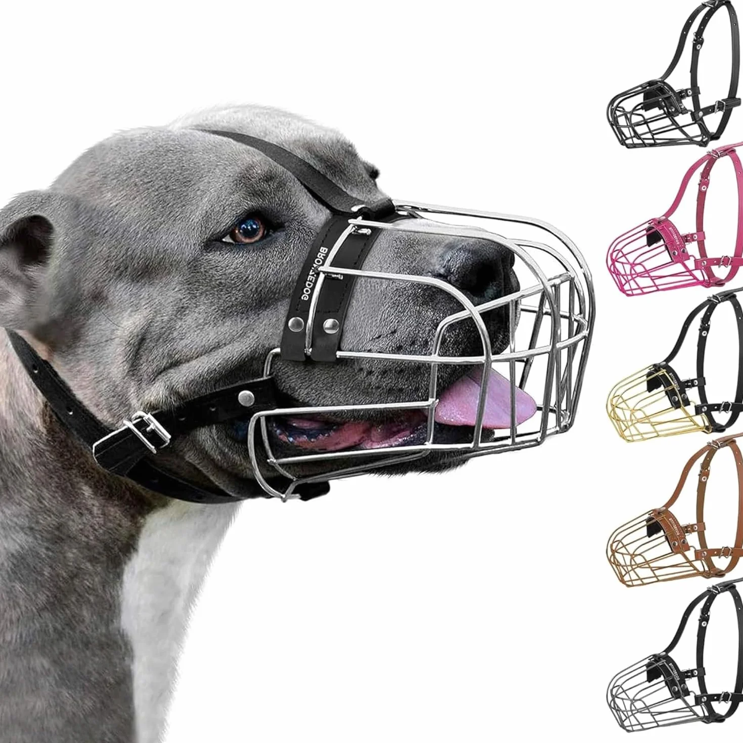 BronzeDog Amstaff - Museruola per cani con maschera metallica e cinghie regolabili in pelle per cani di taglia grande
