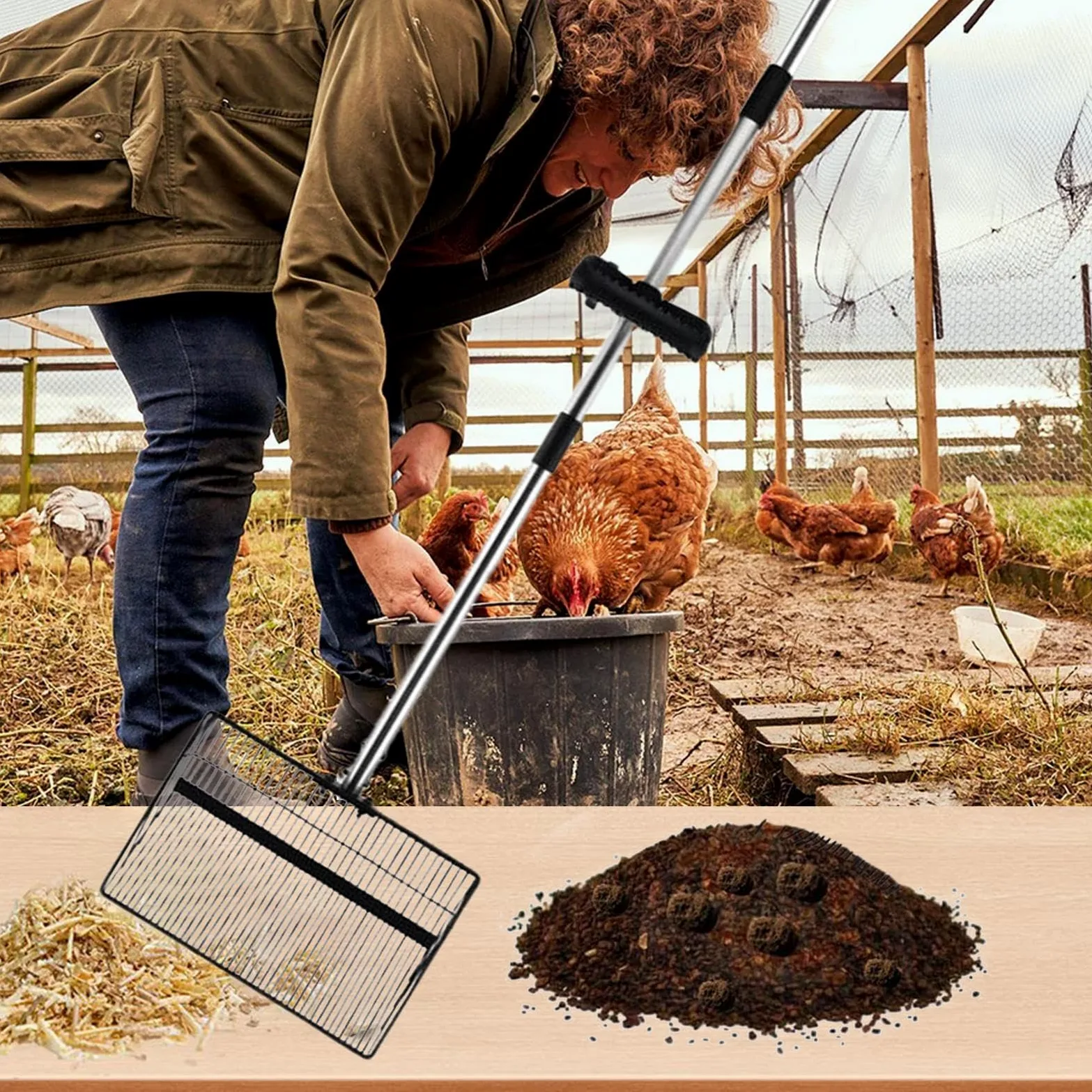 per escrementi di pollo, rastrello ergonomico robusto e regolabile | Paletta per escrementi con lunga per casa e giardino, per la pulizia di cavalli, pollame, cani, capre, anatre, pollame