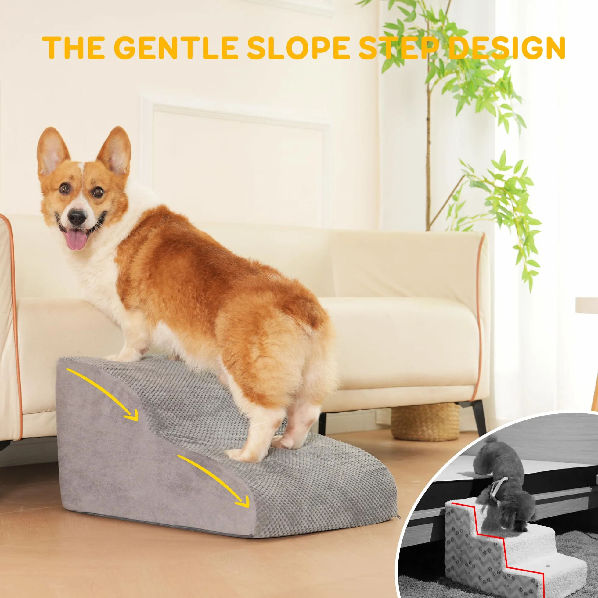 YunNasi Scaletta per cani per letto, rampa antiscivolo per cani, 60 x 40 x 40 cm, scala per cuccioli con schiuma ad alta densità e copertura rimovibile, scale in pendenza delicata per animali