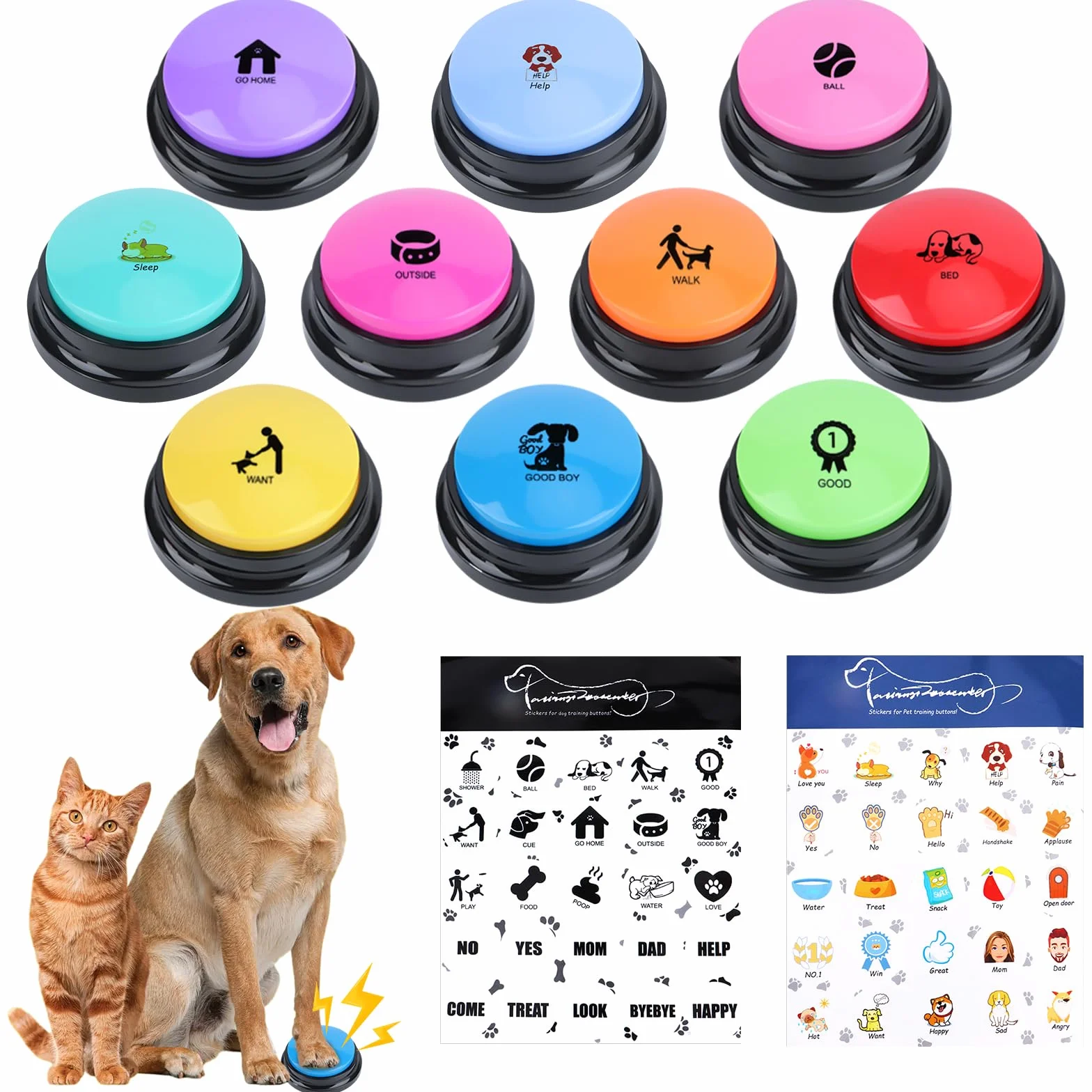 Bottone per cani, 10 pezzi, con funzione di registrazione per cani, inclusi 2 fogli di adesivi, bottoni interattivi per animali domestici, giocattolo educativo per cani