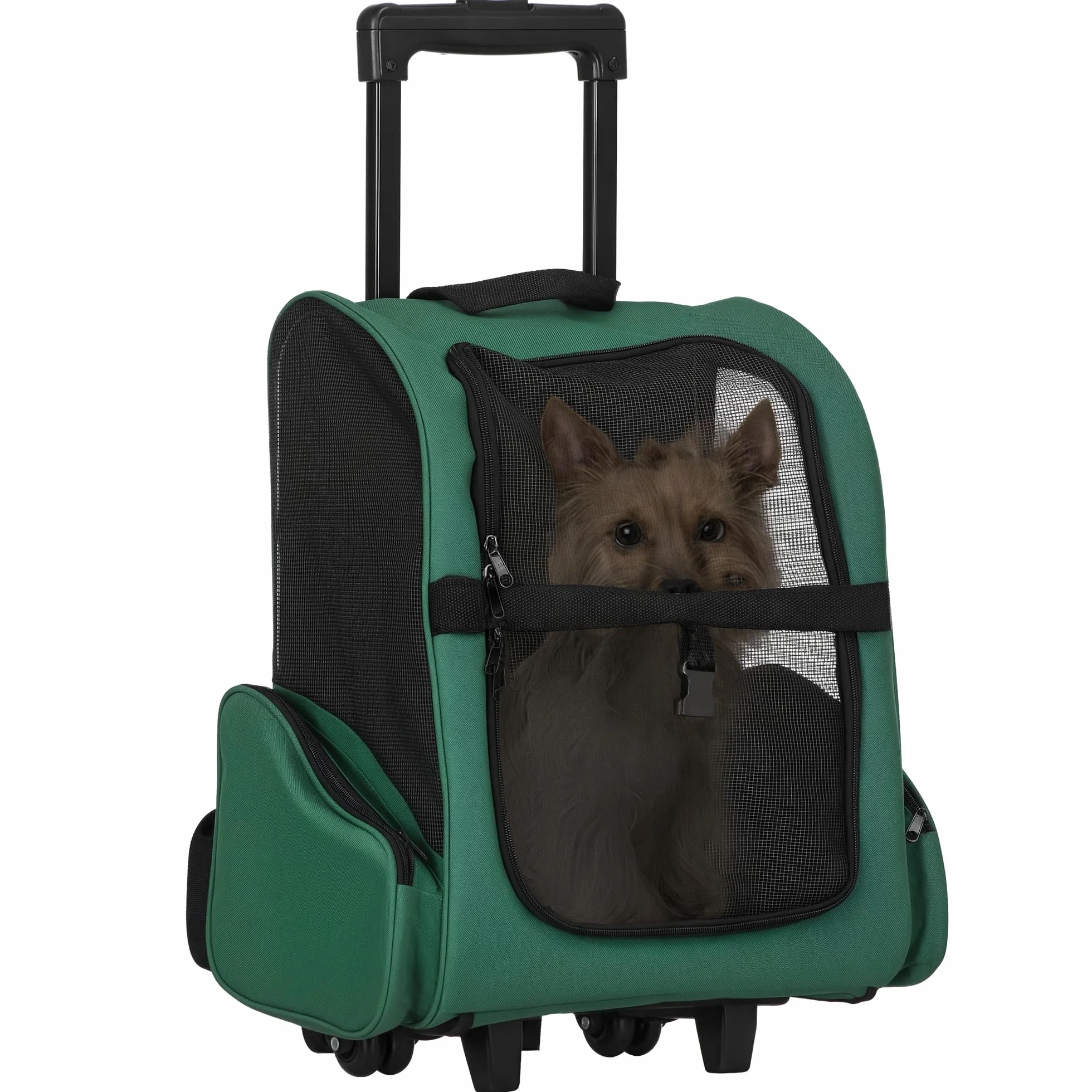 PawHut Trasportino Zaino 2 in 1 per Cani e Gatti 42x25x55cm Verde con Tasche Laterali e Ruote