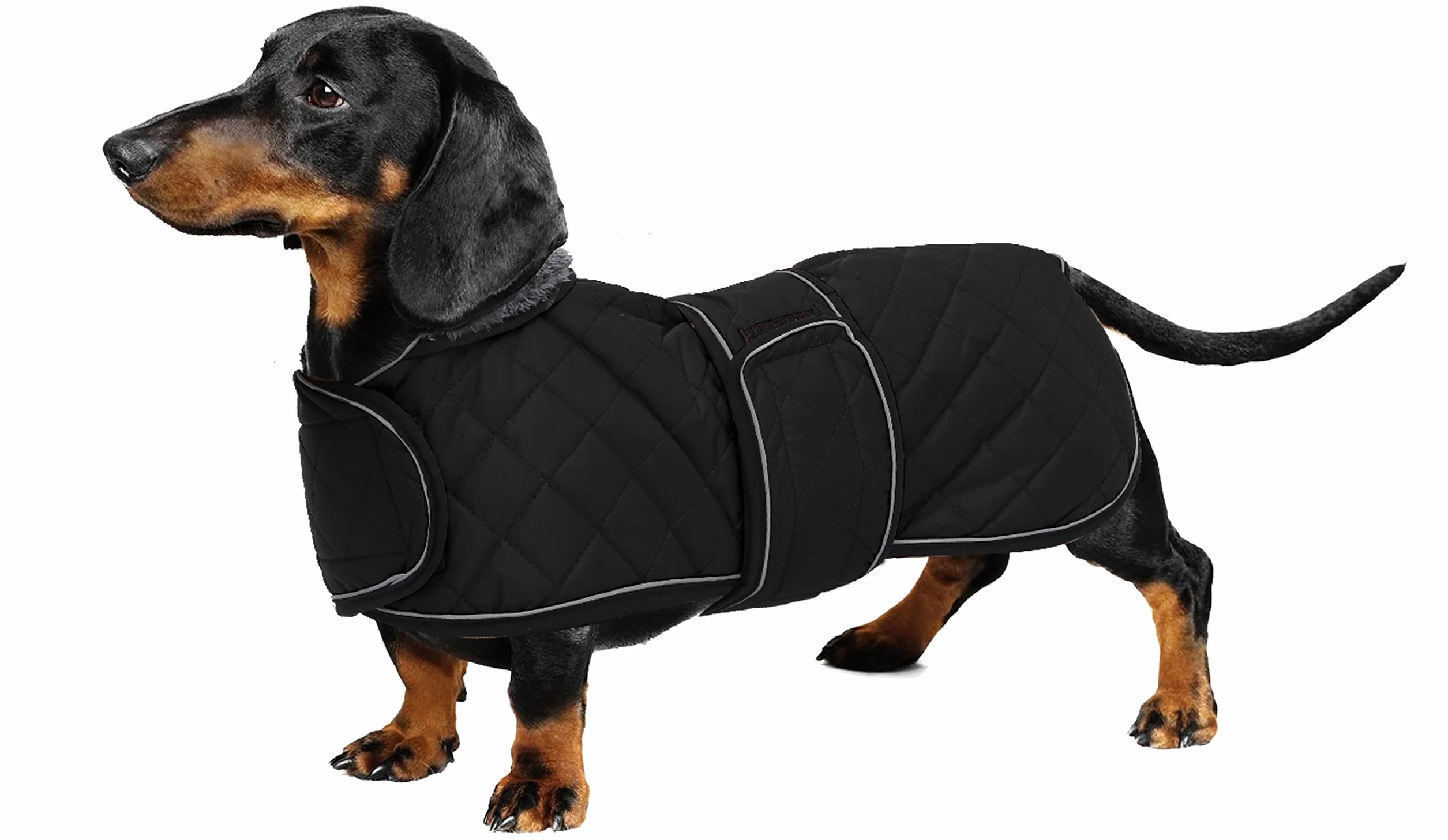 Geyecete - Cappotto Invernale termico trapuntato per cane bassotto,con fodera in pile caldo, abbigliamento per cani da esterno con foro per Imbracatura,Giacca per cani piccola y media-Nero-S