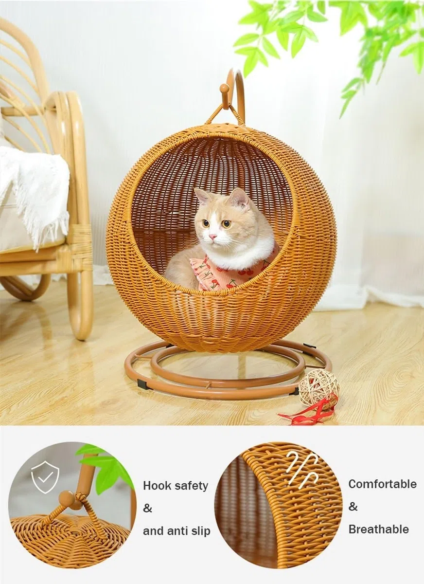 Cuccia per Gatti In Vimini Per Interni ed Esterni, Altalena per Gatti per Animali Domestici Nido per Gatti Rialzato Comodo e Traspirante, Facile da Montare, Cuscino Rimovibile e Lavabile (Col