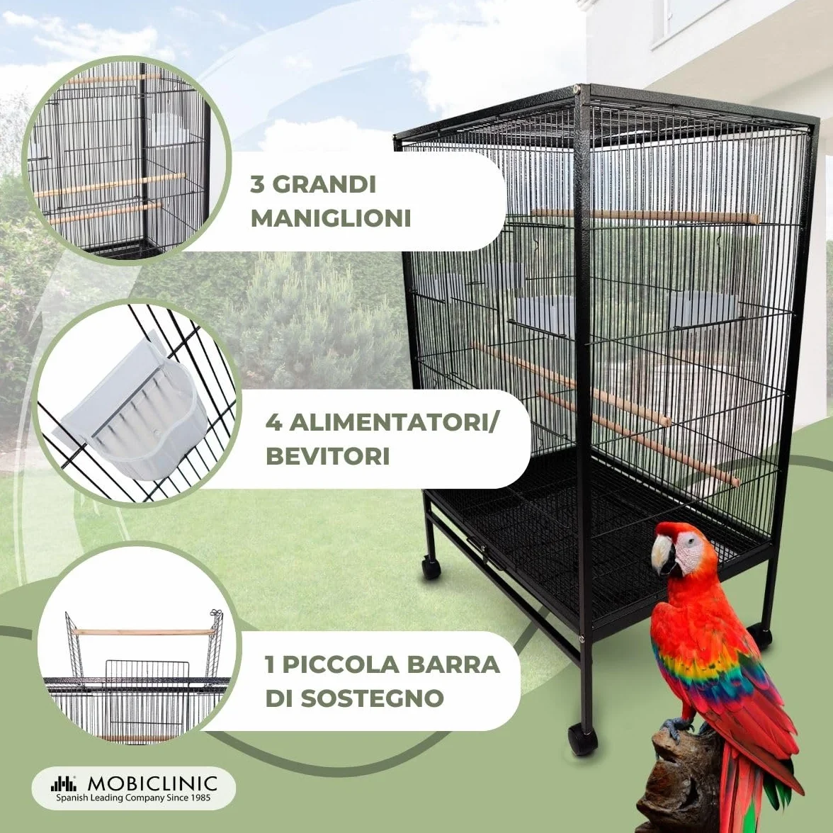 Mobiclinic®, Gabbia per Uccelli, XL, Ruote il Trasporto, Freni, Apertura superiore, Vassoio Rimovibile, 8 Porte, Grandi dimensioni, 95x43x61,5 cm, Mangiatoie, Abbeveratoi, Posatoi, Ninfa