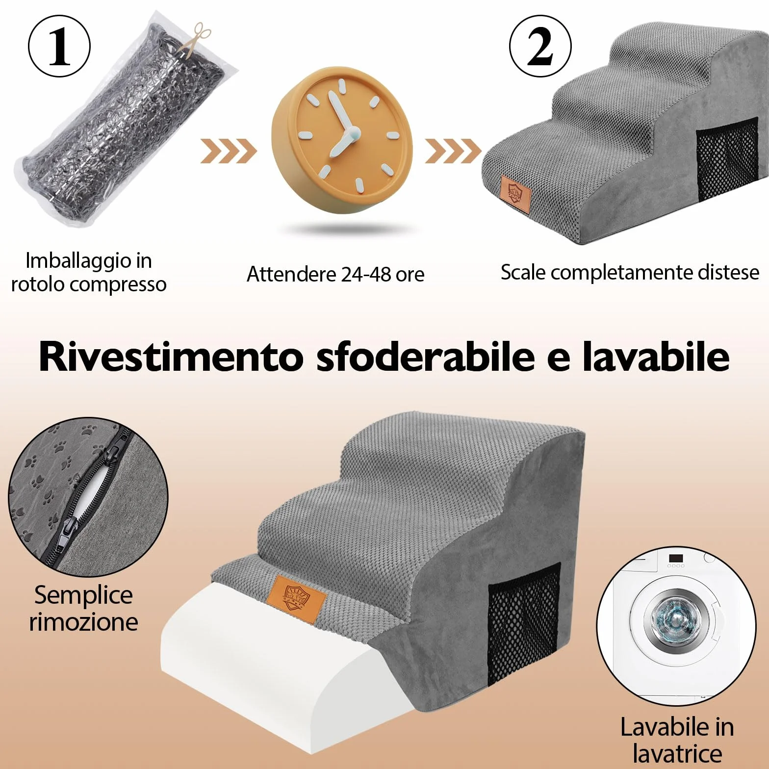 MASTERTOP Scale per Cani 3 Gradini, Scalini Antiscivolo per Gatti e Cani per Divano e Letto, Scaletta Schiuma Alta Densità, Copertura Impermeabile Lavabile (Grigio)