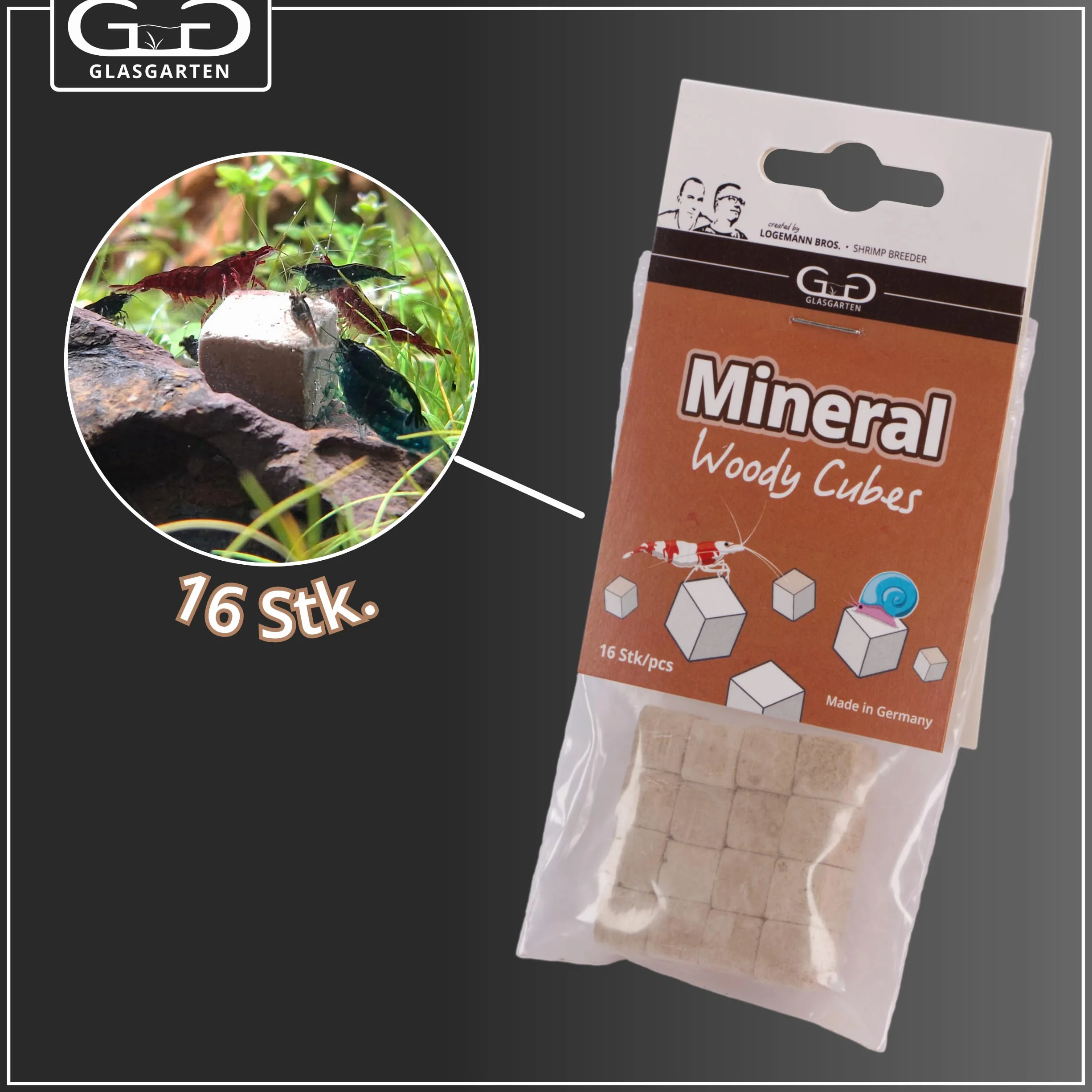 GlasGarten Mineral Woody Cubes | 16 pezzi – Mangime complementare/minerale per gamberetti decorativi, lumache e gamberi con minerali e fibre di legno