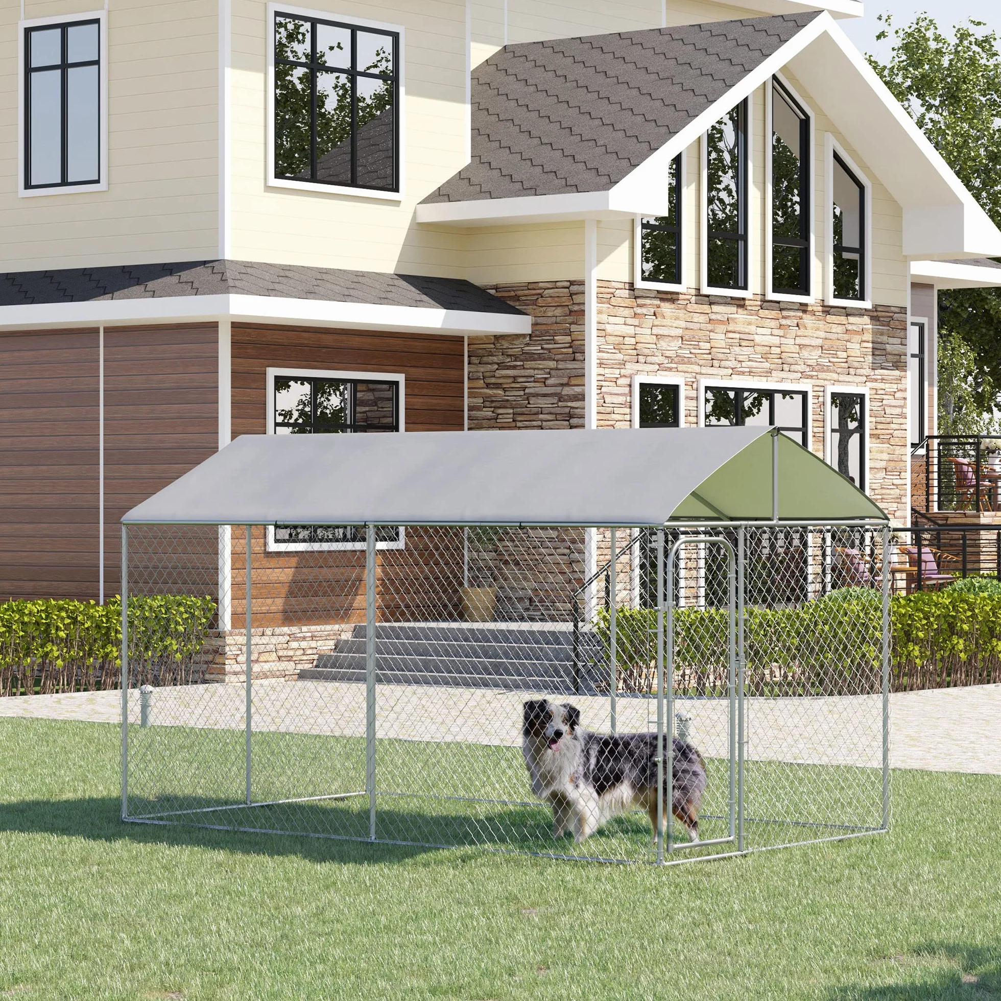 PawHut Kennel per Cani in Metallo Galvanizzato con Tettuccio in Tessuto Oxford, 400x230x232cm, Argento
