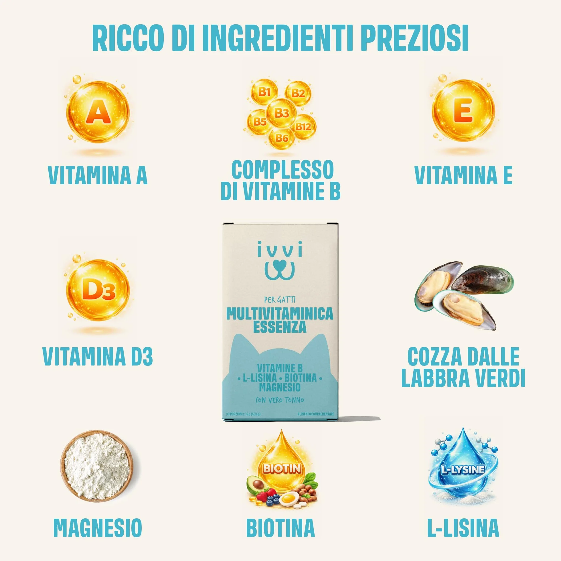 ivvi Essenza Multivitaminica per Gatti – snack cremoso con vero tonno – con vitamine del gruppo B, vitamine A, D3 ed E, biotina, L-lisina, magnesio e cozza verde – 30 x 15 g