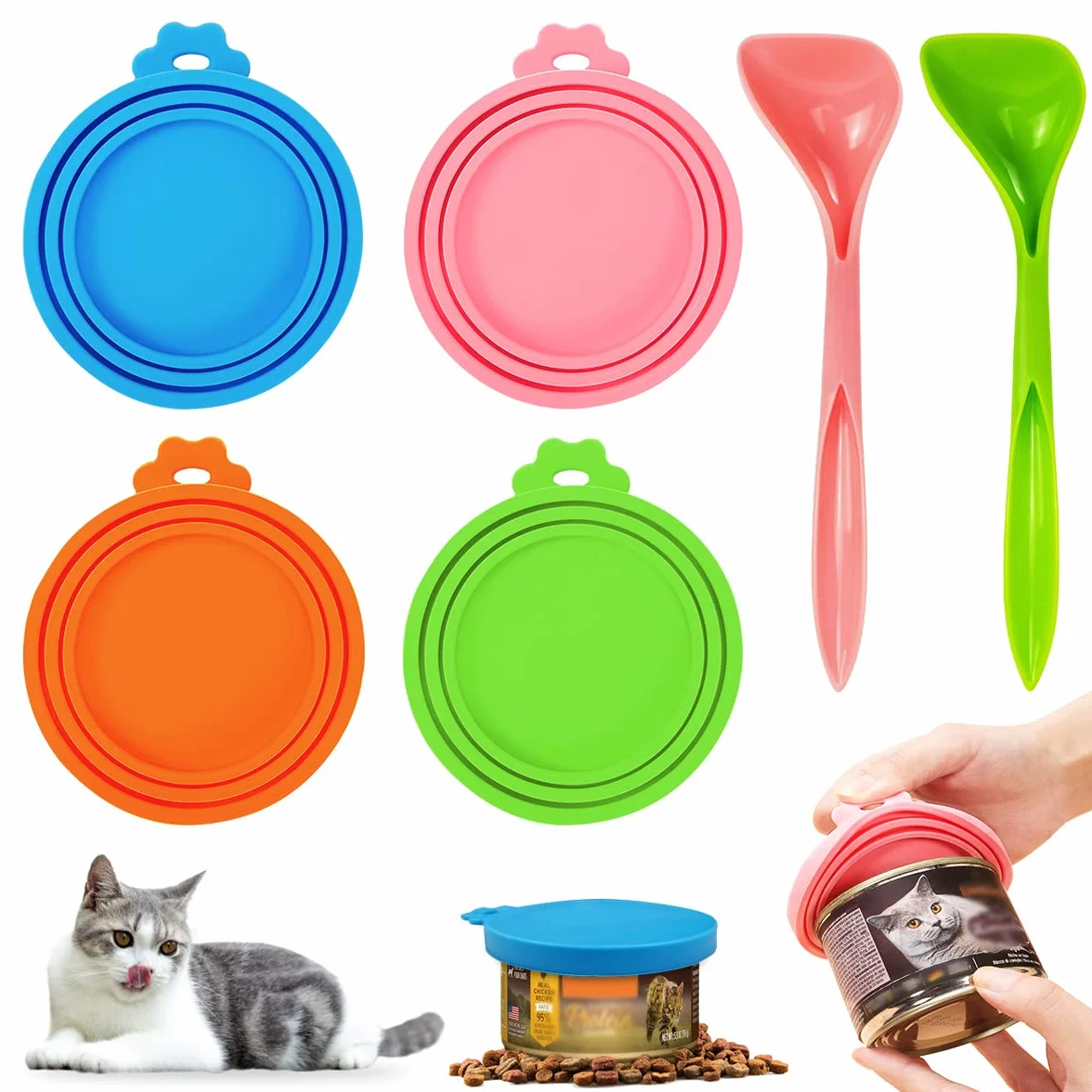 4 Pezzi Coperture per Lattine per Animali, Ucoperchi Universali in Silicone per Barattoli di Latta per Cani e Gatti Coperchi con 2 Cucchiai per la Conservazione del Cibo per Cane e Gatto