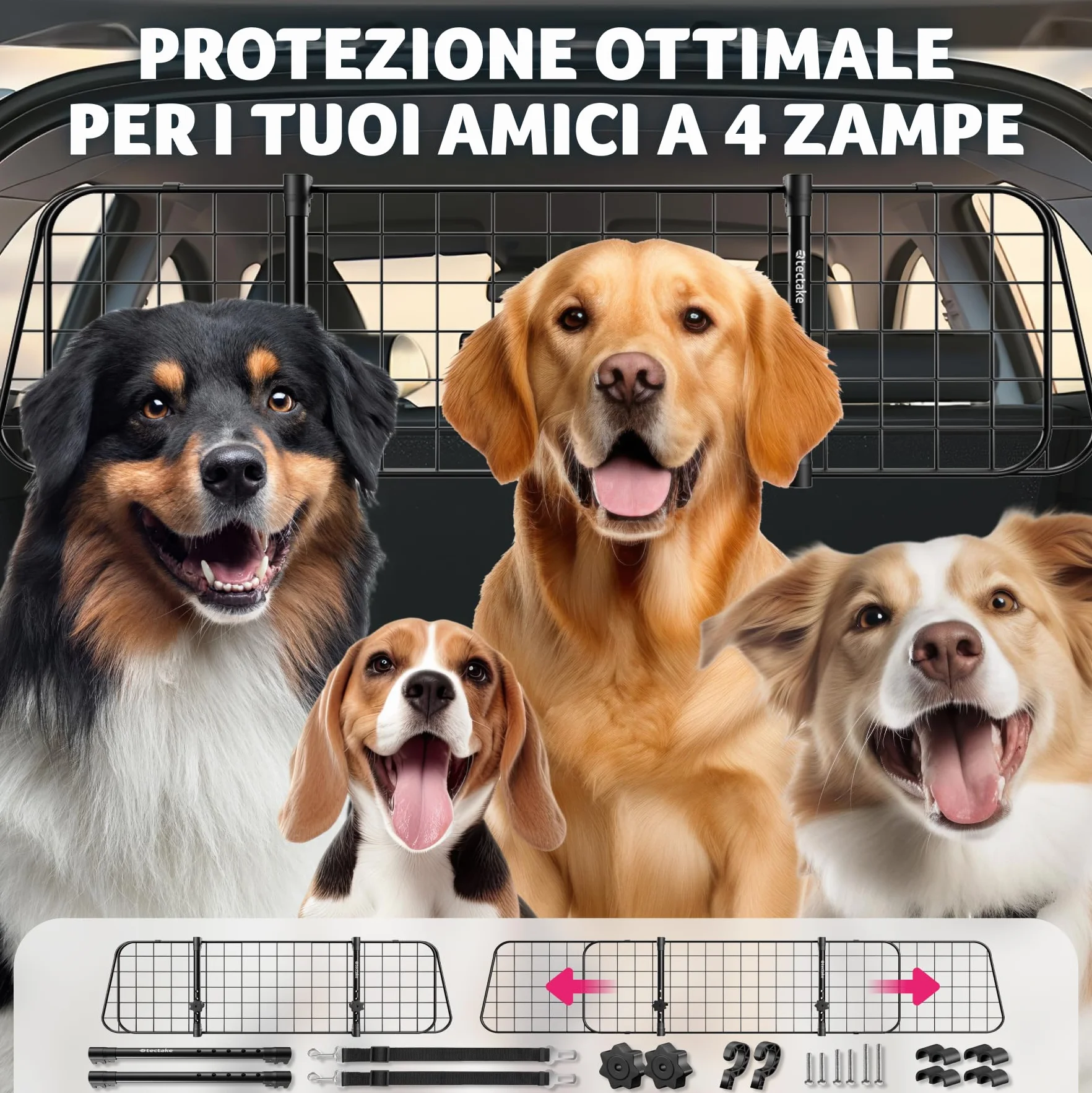 tectake® Griglia di Protezione per Cani Universale in Acciaio, Divisorio di Sicurezza per Cani Regolabile in Larghezza 91,5–154 cm, Rete Auto per Cani Universale con Sistema ad Incastro e 2 Cinture