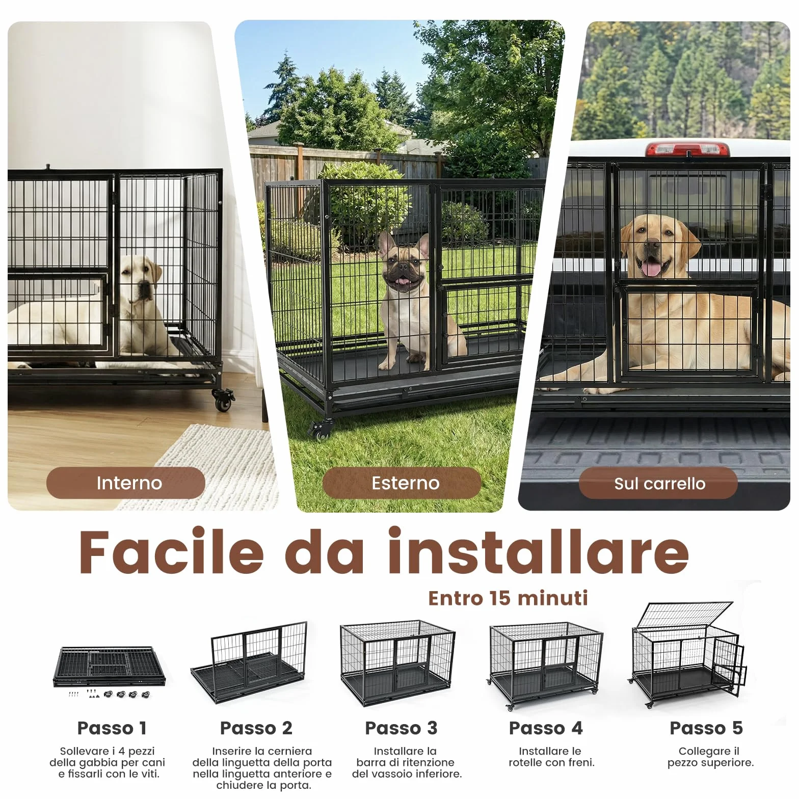 Gardner Pet Gabbia Pieghevole Per Cani Con 3 Porte, 82 X 52 X 56 Cm, Gabbia Da Trasporto Con Struttura Metallica Resistente, Dotata Di Freno E Fondo Rimovibile, Impilabile, Nero