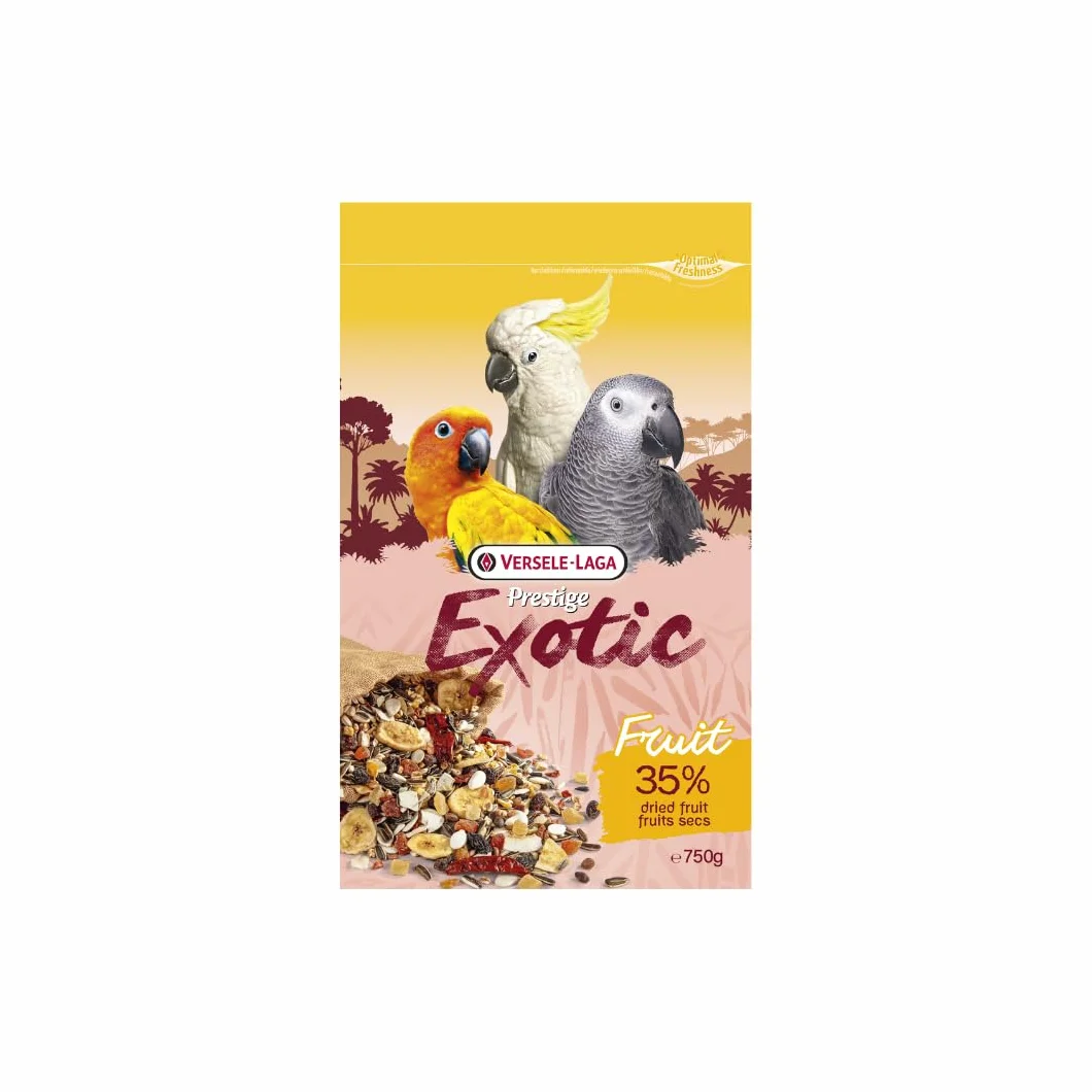 Versele-Laga Prestige Exotic Parrots Fruit | 750 g | Mangime complementare per pappagalli | A base di semi, cereali e frutta | Contiene papaya, banana, ananas e albicocche